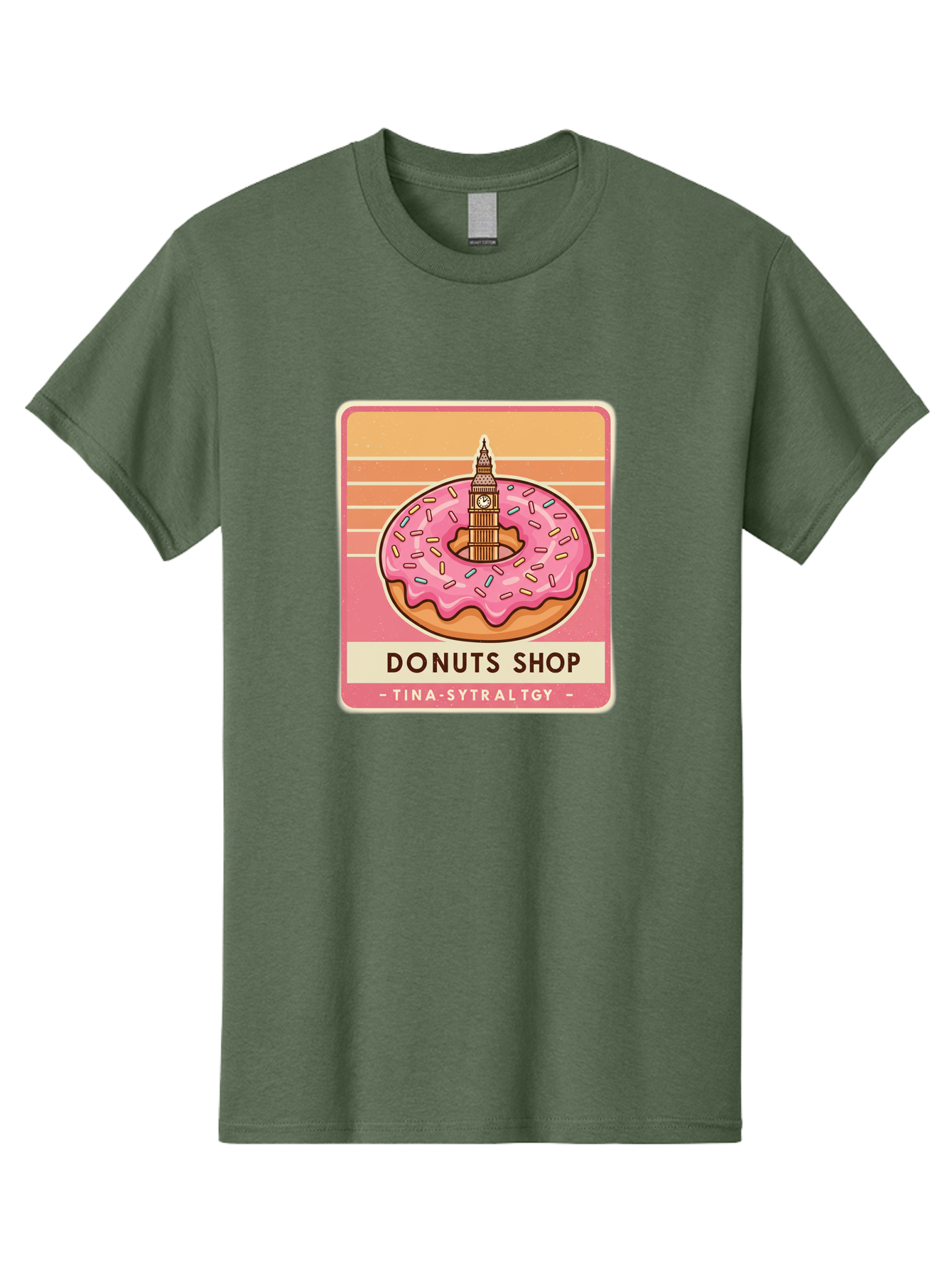 Donuts-Shop Men'S Graphic Tee, 100% Cotton, Comfortable Casual Summer Wear, Machine Washable, Pink Frosted Donut, Colorful Sprinkles, Big Ben On Donut, London Landmark, Sweet Treats, Donut Shop Sign, Tina-Sytraltgy Branding, Tasty Dessert, Baa530