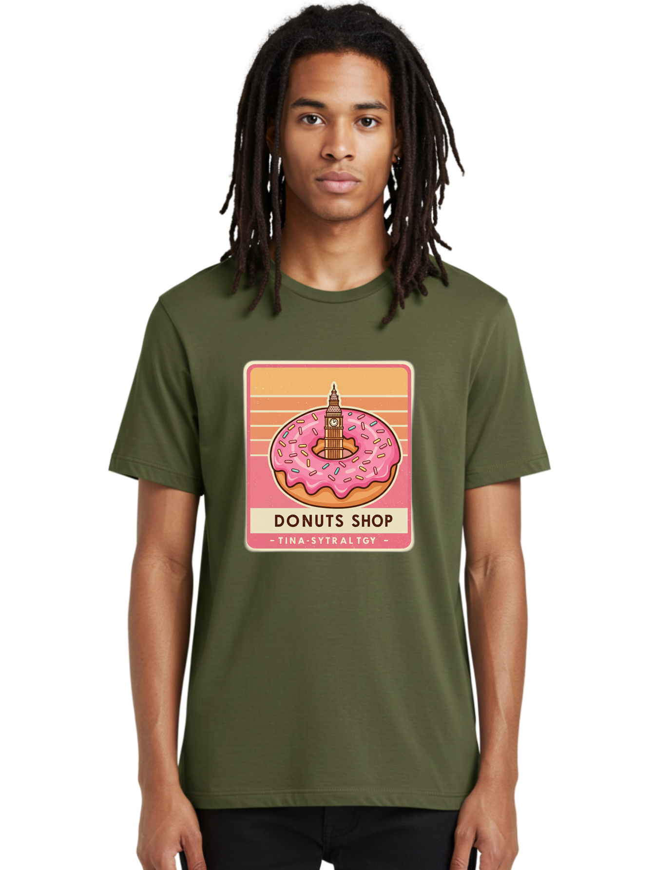 Donuts-Shop Men'S Graphic Tee, 100% Cotton, Comfortable Casual Summer Wear, Machine Washable, Pink Frosted Donut, Colorful Sprinkles, Big Ben On Donut, London Landmark, Sweet Treats, Donut Shop Sign, Tina-Sytraltgy Branding, Tasty Dessert, Baa530