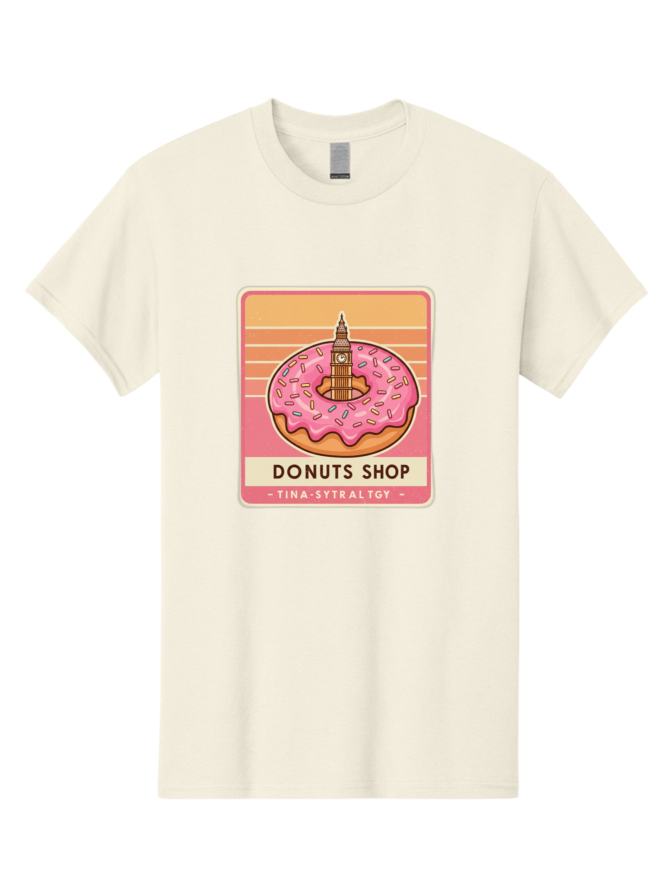 Donuts-Shop Men'S Graphic Tee, 100% Cotton, Comfortable Casual Summer Wear, Machine Washable, Pink Frosted Donut, Colorful Sprinkles, Big Ben On Donut, London Landmark, Sweet Treats, Donut Shop Sign, Tina-Sytraltgy Branding, Tasty Dessert, Baa530
