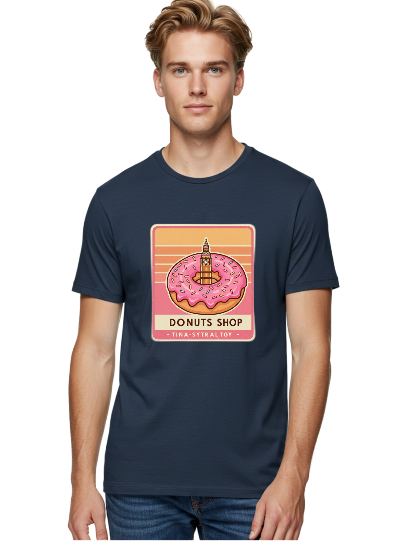 Donuts-Shop Men'S Graphic Tee, 100% Cotton, Comfortable Casual Summer Wear, Machine Washable, Pink Frosted Donut, Colorful Sprinkles, Big Ben On Donut, London Landmark, Sweet Treats, Donut Shop Sign, Tina-Sytraltgy Branding, Tasty Dessert, Baa530
