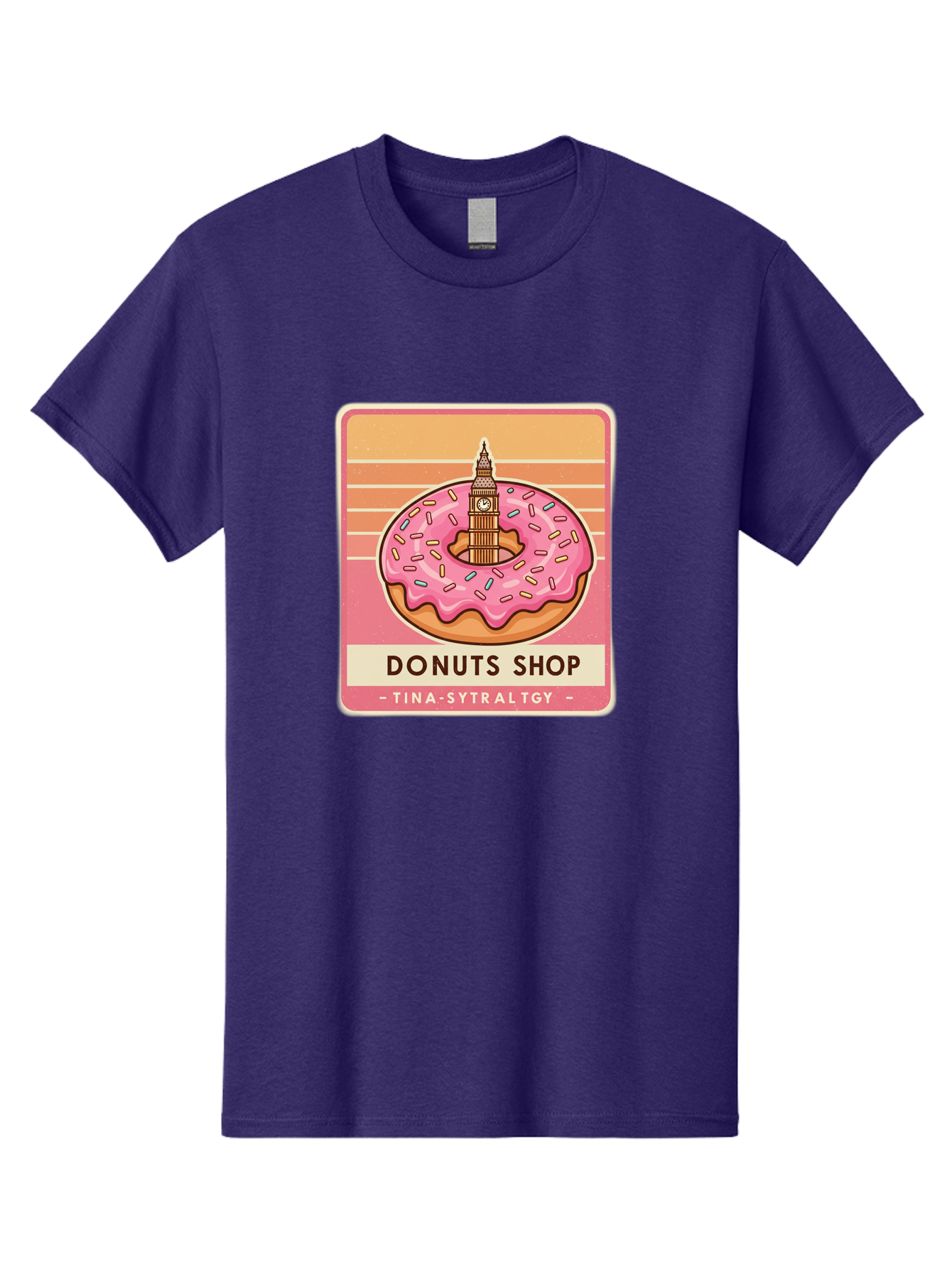 Donuts-Shop Men'S Graphic Tee, 100% Cotton, Comfortable Casual Summer Wear, Machine Washable, Pink Frosted Donut, Colorful Sprinkles, Big Ben On Donut, London Landmark, Sweet Treats, Donut Shop Sign, Tina-Sytraltgy Branding, Tasty Dessert, Baa530