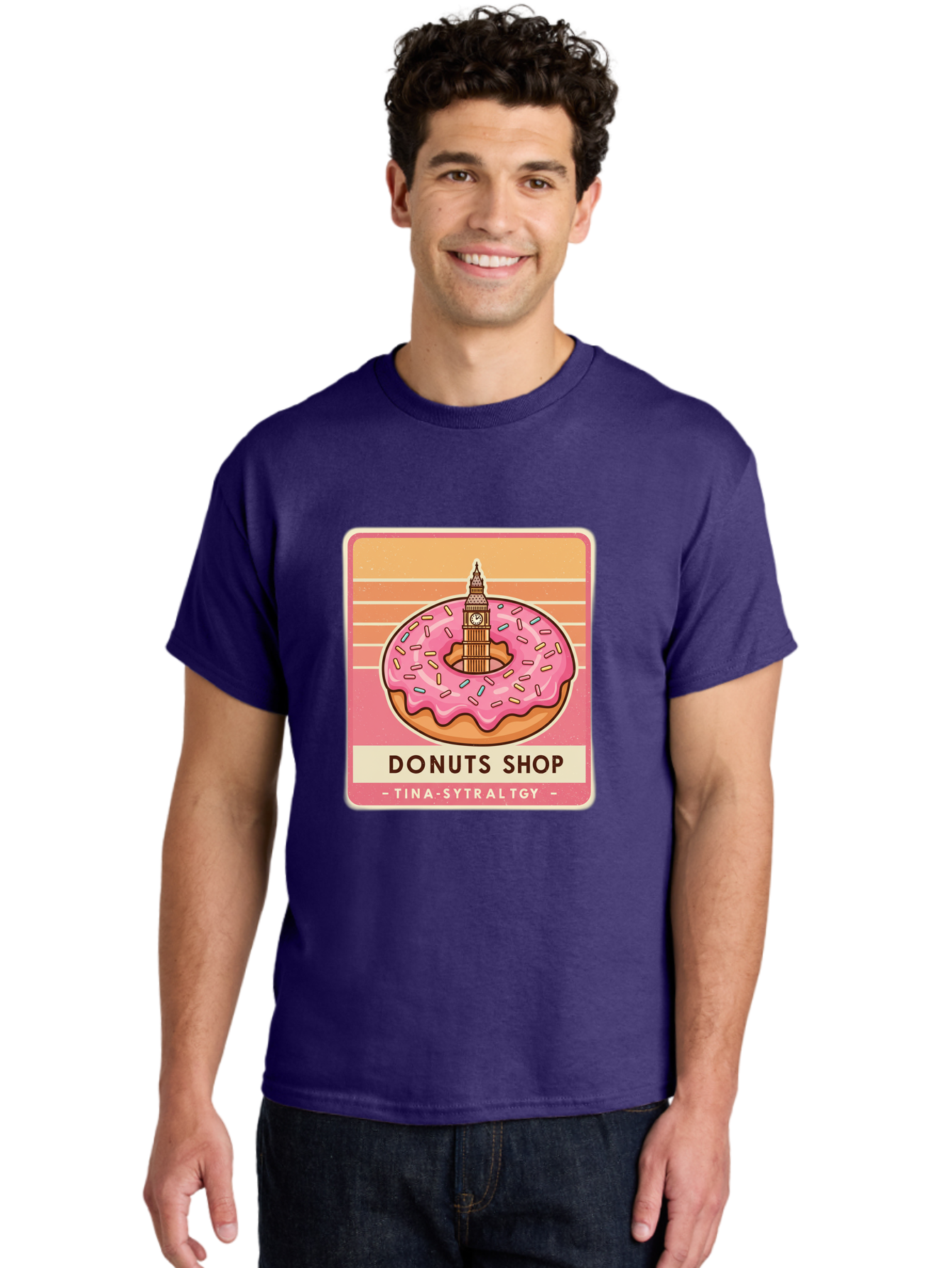 Donuts-Shop Men'S Graphic Tee, 100% Cotton, Comfortable Casual Summer Wear, Machine Washable, Pink Frosted Donut, Colorful Sprinkles, Big Ben On Donut, London Landmark, Sweet Treats, Donut Shop Sign, Tina-Sytraltgy Branding, Tasty Dessert, Baa530