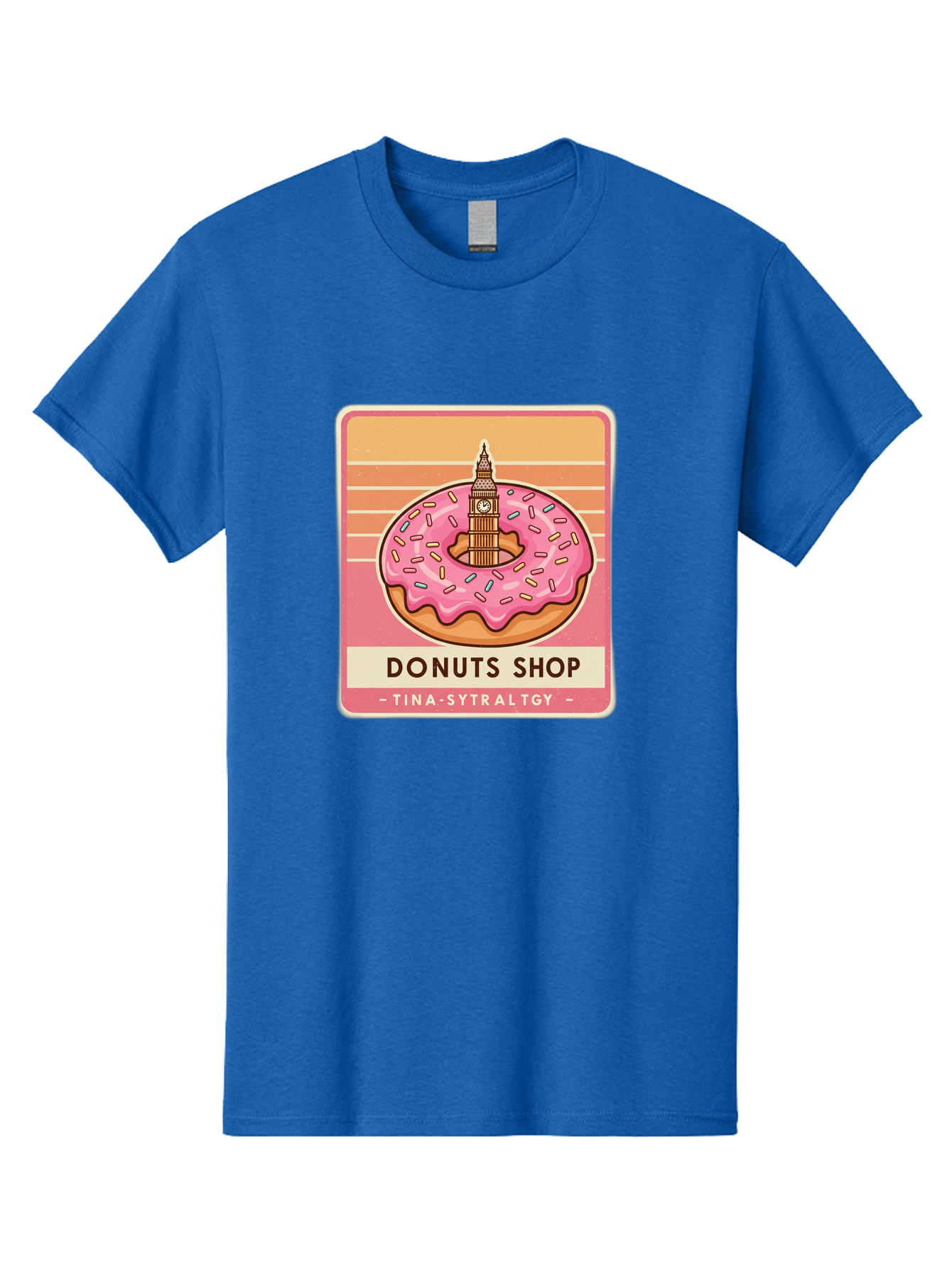 Donuts-Shop Men'S Graphic Tee, 100% Cotton, Comfortable Casual Summer Wear, Machine Washable, Pink Frosted Donut, Colorful Sprinkles, Big Ben On Donut, London Landmark, Sweet Treats, Donut Shop Sign, Tina-Sytraltgy Branding, Tasty Dessert, Baa530