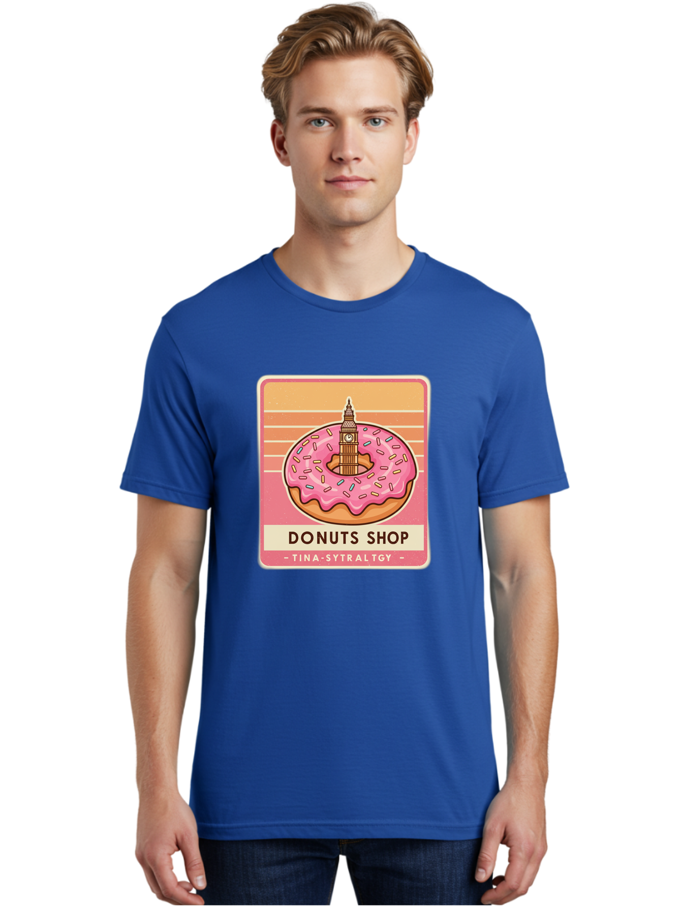 Donuts-Shop Men'S Graphic Tee, 100% Cotton, Comfortable Casual Summer Wear, Machine Washable, Pink Frosted Donut, Colorful Sprinkles, Big Ben On Donut, London Landmark, Sweet Treats, Donut Shop Sign, Tina-Sytraltgy Branding, Tasty Dessert, Baa530