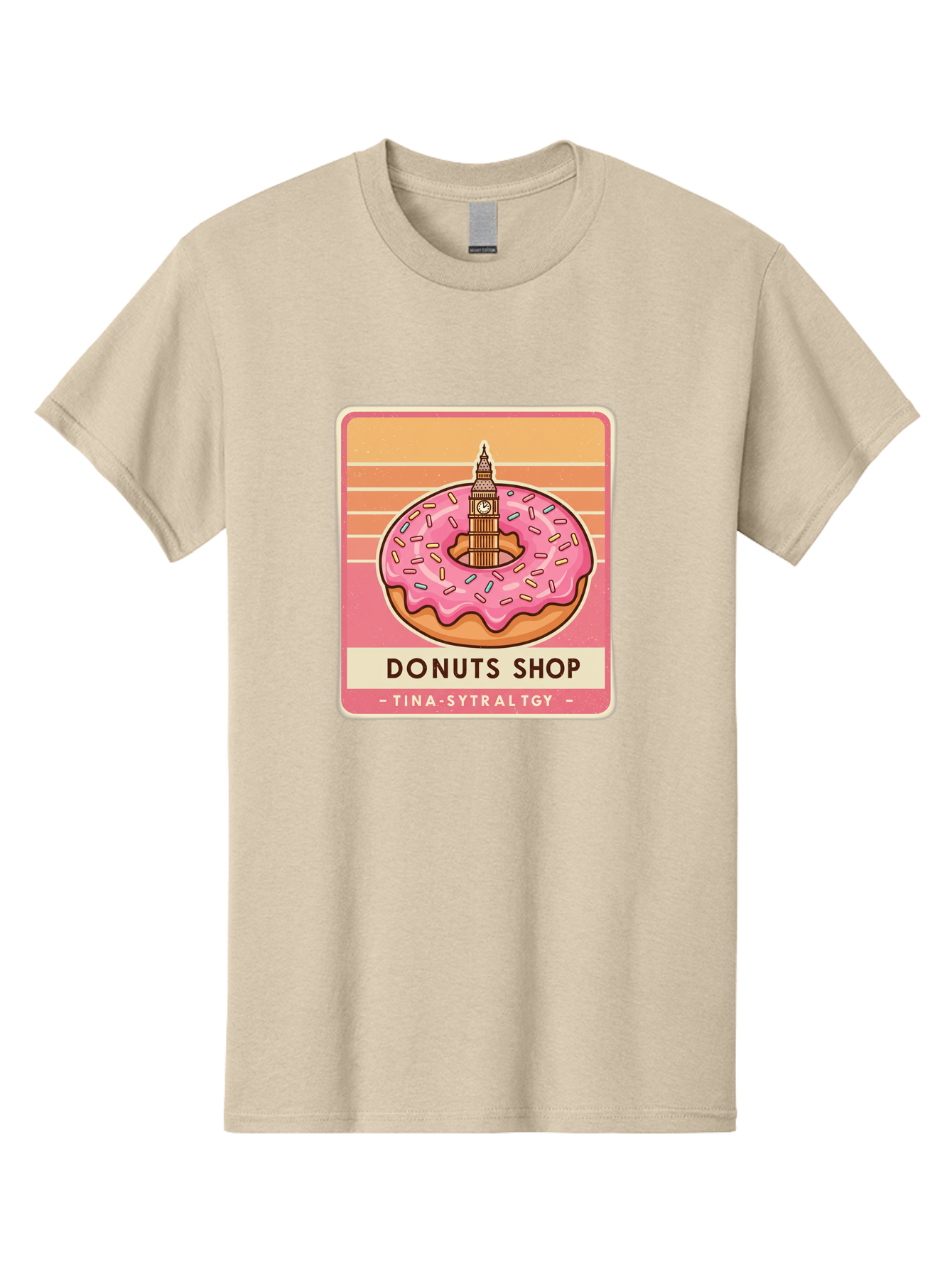 Donuts-Shop Men'S Graphic Tee, 100% Cotton, Comfortable Casual Summer Wear, Machine Washable, Pink Frosted Donut, Colorful Sprinkles, Big Ben On Donut, London Landmark, Sweet Treats, Donut Shop Sign, Tina-Sytraltgy Branding, Tasty Dessert, Baa530
