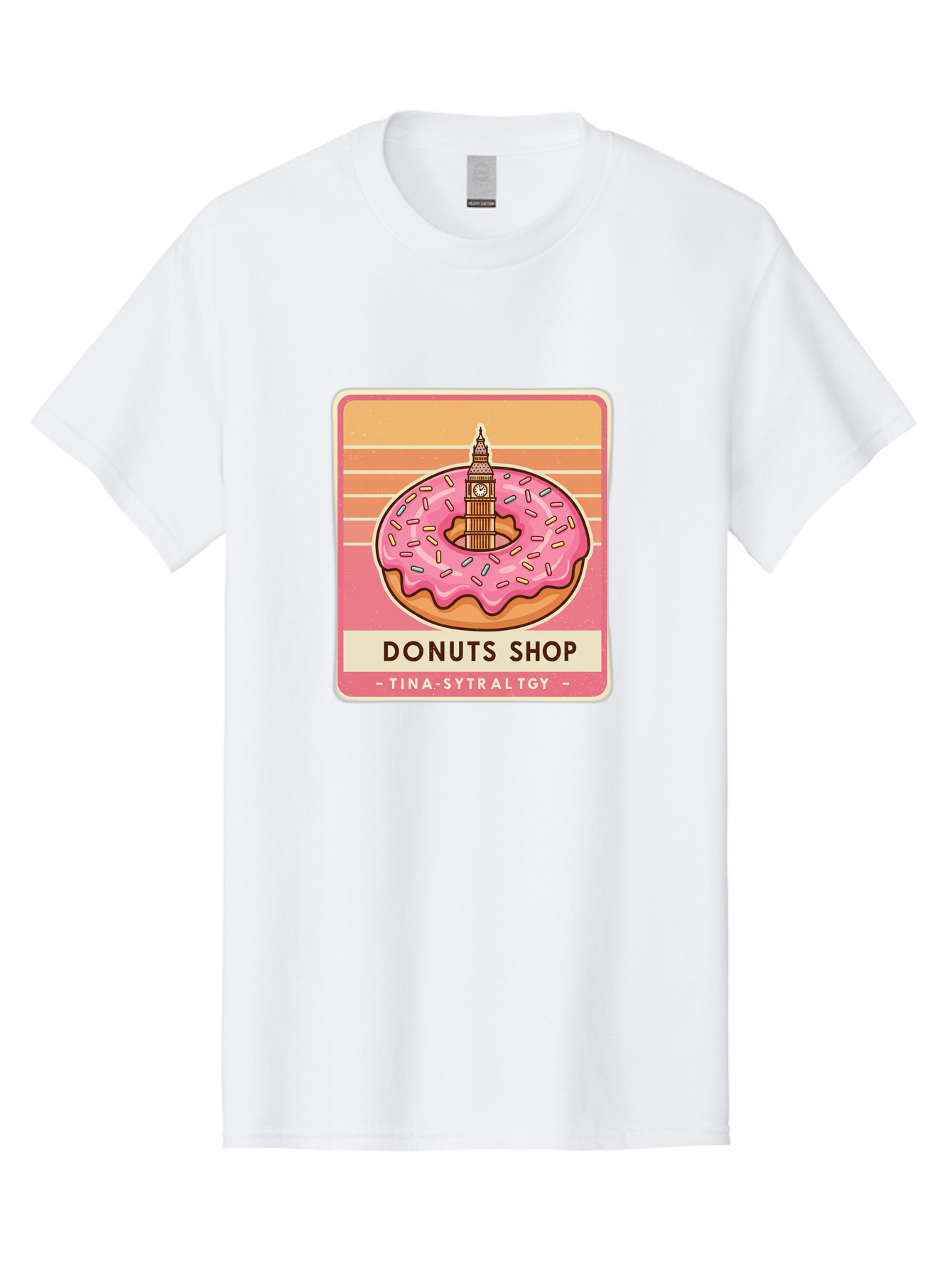 Donuts-Shop Men'S Graphic Tee, 100% Cotton, Comfortable Casual Summer Wear, Machine Washable, Pink Frosted Donut, Colorful Sprinkles, Big Ben On Donut, London Landmark, Sweet Treats, Donut Shop Sign, Tina-Sytraltgy Branding, Tasty Dessert, Baa530