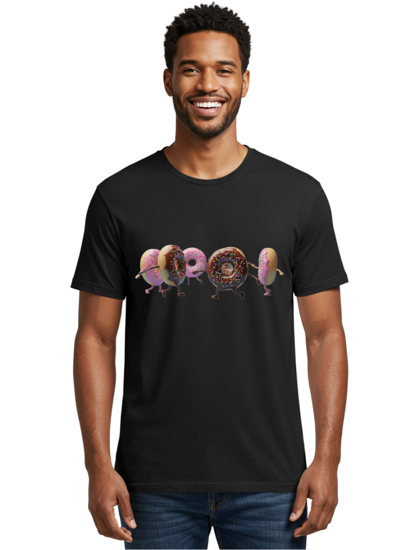 Donuts Men'S Graphic Tee, 100% Cotton, Comfortable Casual Summer Wear, Machine Washable, Donuts With Arms And Legs Running, Chocolate Frosted Donuts, Pink Frosted Donuts, Colorful Sprinkles, Fun Illustration, Sweet Treats, Dessert Graphics Baa531