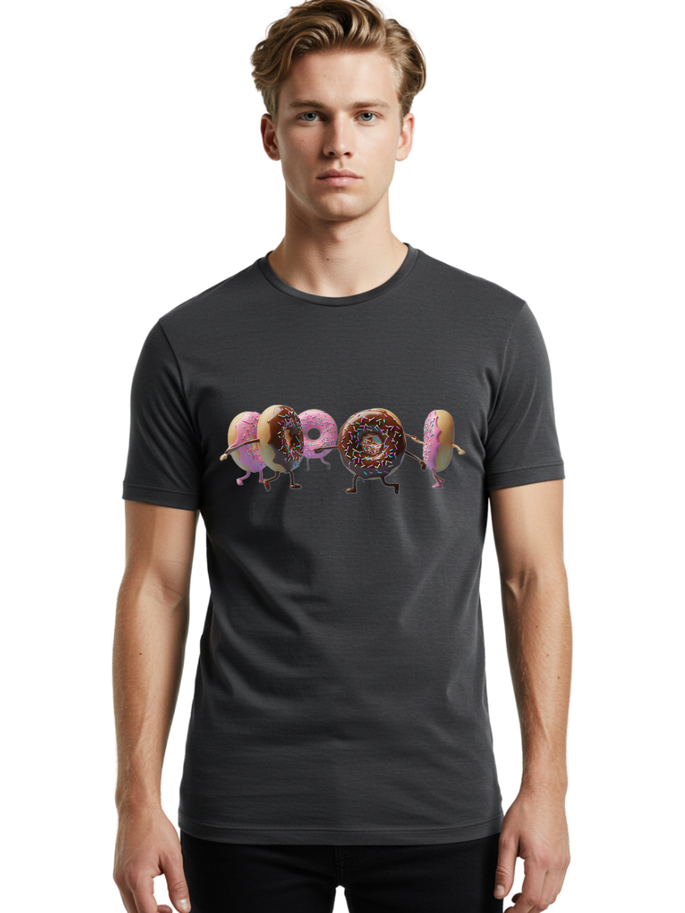 Donuts Men'S Graphic Tee, 100% Cotton, Comfortable Casual Summer Wear, Machine Washable, Donuts With Arms And Legs Running, Chocolate Frosted Donuts, Pink Frosted Donuts, Colorful Sprinkles, Fun Illustration, Sweet Treats, Dessert Graphics Baa531