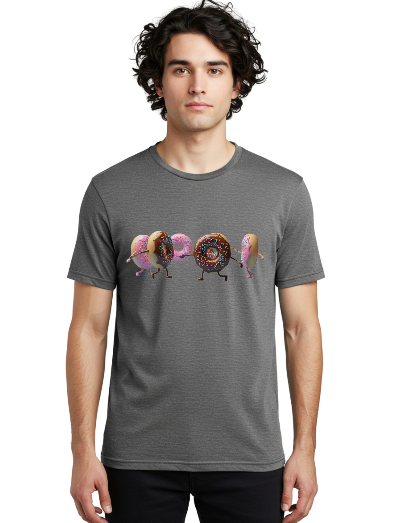 Donuts Men'S Graphic Tee, 100% Cotton, Comfortable Casual Summer Wear, Machine Washable, Donuts With Arms And Legs Running, Chocolate Frosted Donuts, Pink Frosted Donuts, Colorful Sprinkles, Fun Illustration, Sweet Treats, Dessert Graphics Baa531