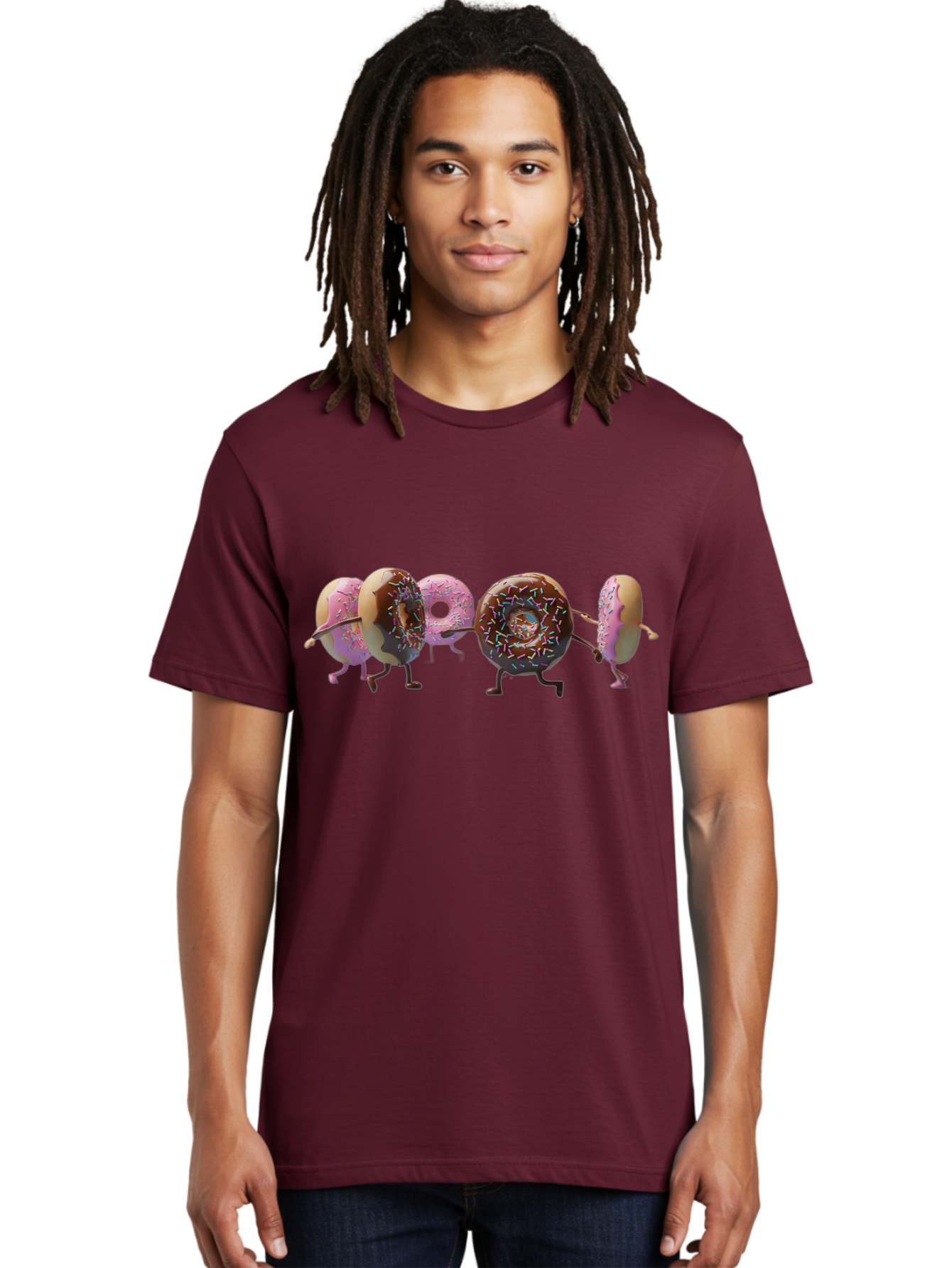Donuts Men'S Graphic Tee, 100% Cotton, Comfortable Casual Summer Wear, Machine Washable, Donuts With Arms And Legs Running, Chocolate Frosted Donuts, Pink Frosted Donuts, Colorful Sprinkles, Fun Illustration, Sweet Treats, Dessert Graphics Baa531