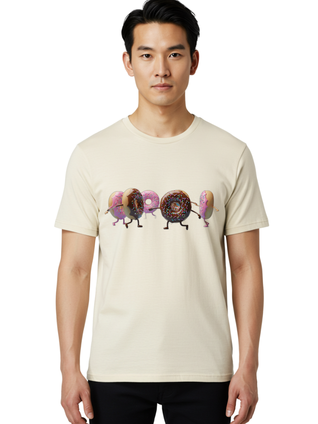 Donuts Men'S Graphic Tee, 100% Cotton, Comfortable Casual Summer Wear, Machine Washable, Donuts With Arms And Legs Running, Chocolate Frosted Donuts, Pink Frosted Donuts, Colorful Sprinkles, Fun Illustration, Sweet Treats, Dessert Graphics Baa531