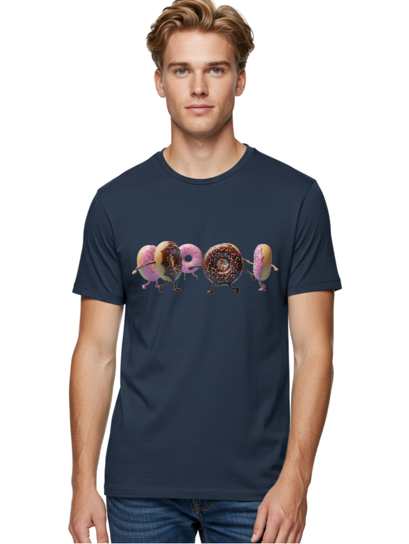 Donuts Men'S Graphic Tee, 100% Cotton, Comfortable Casual Summer Wear, Machine Washable, Donuts With Arms And Legs Running, Chocolate Frosted Donuts, Pink Frosted Donuts, Colorful Sprinkles, Fun Illustration, Sweet Treats, Dessert Graphics Baa531