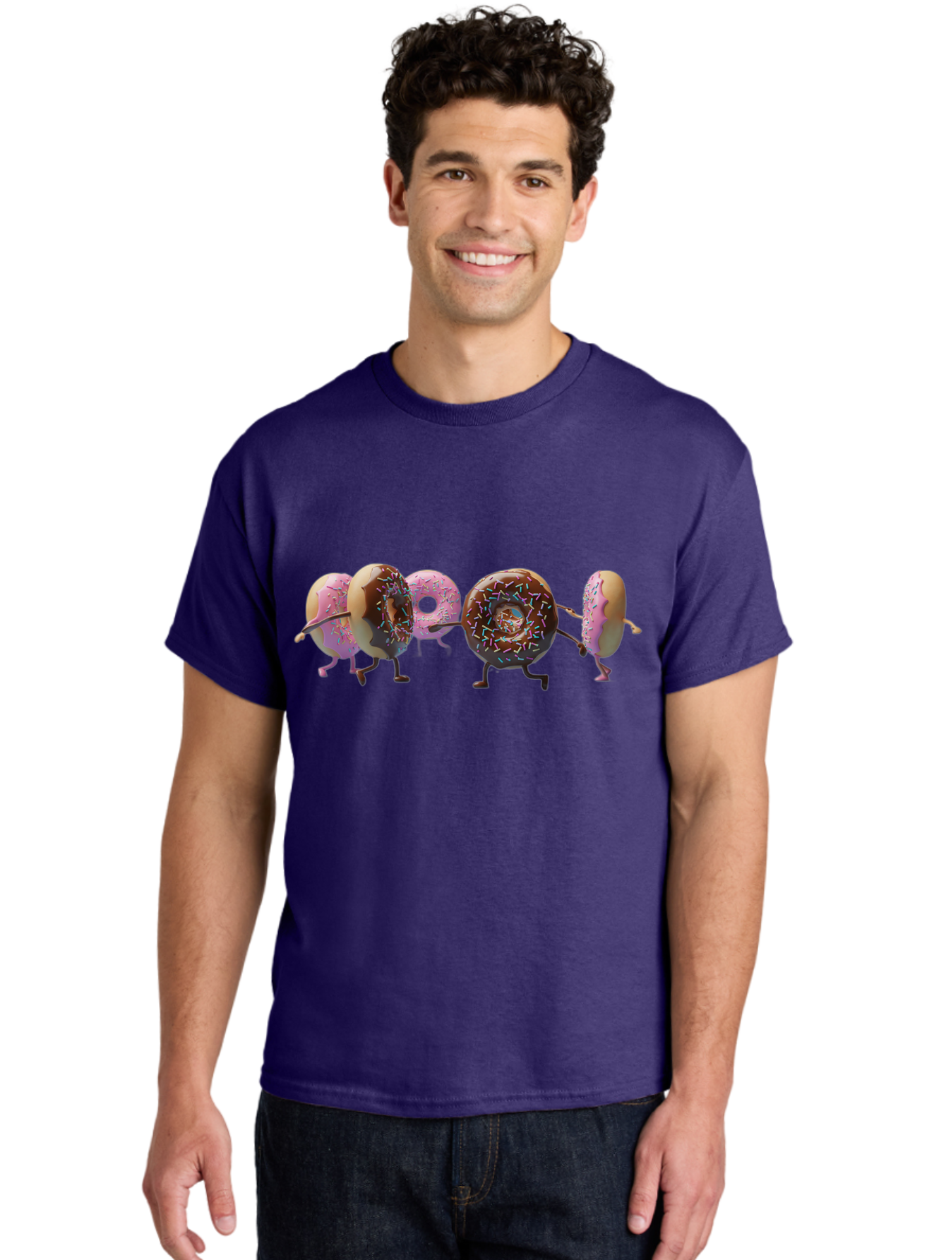 Donuts Men'S Graphic Tee, 100% Cotton, Comfortable Casual Summer Wear, Machine Washable, Donuts With Arms And Legs Running, Chocolate Frosted Donuts, Pink Frosted Donuts, Colorful Sprinkles, Fun Illustration, Sweet Treats, Dessert Graphics Baa531