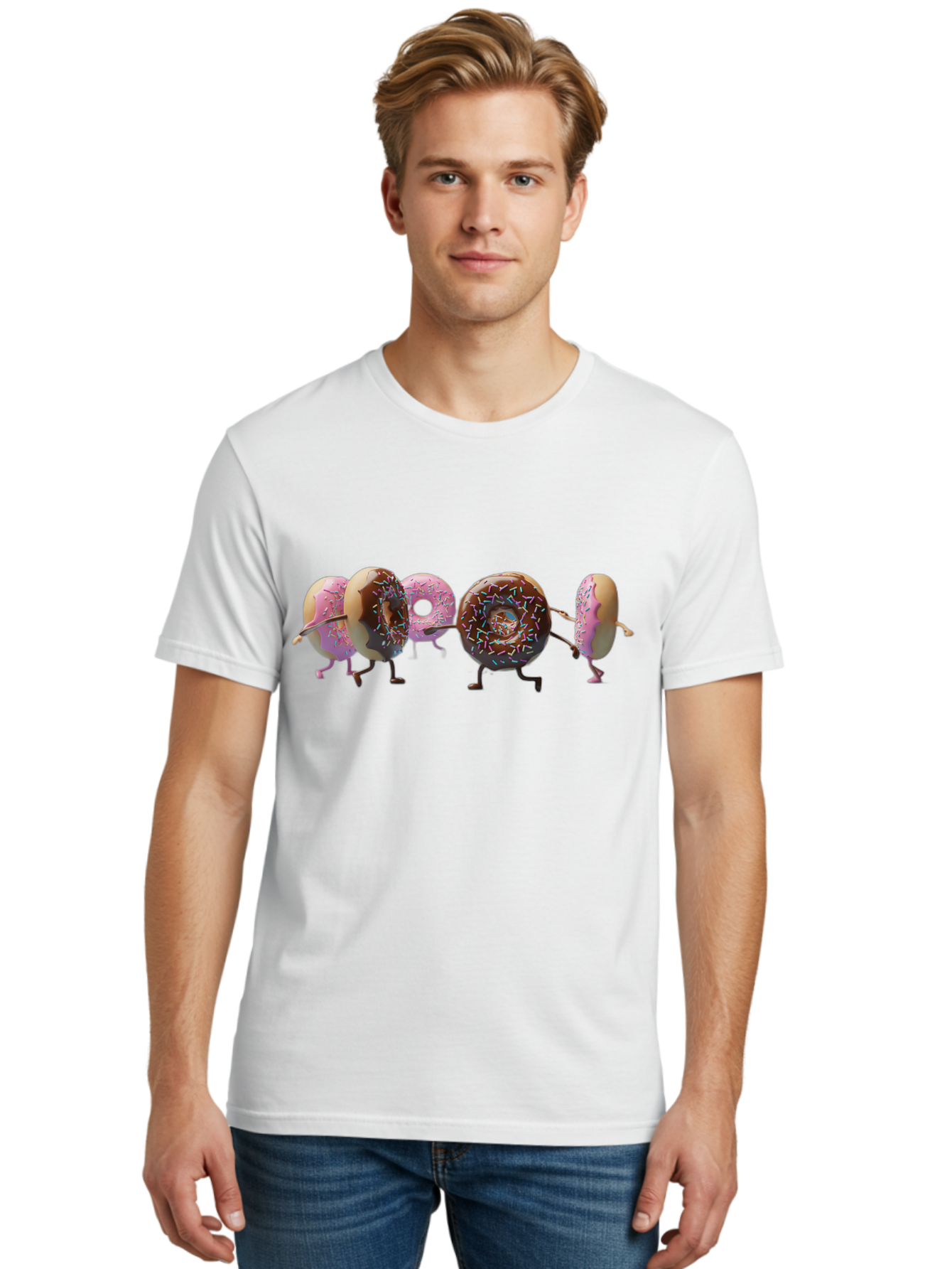 Donuts Men'S Graphic Tee, 100% Cotton, Comfortable Casual Summer Wear, Machine Washable, Donuts With Arms And Legs Running, Chocolate Frosted Donuts, Pink Frosted Donuts, Colorful Sprinkles, Fun Illustration, Sweet Treats, Dessert Graphics Baa531