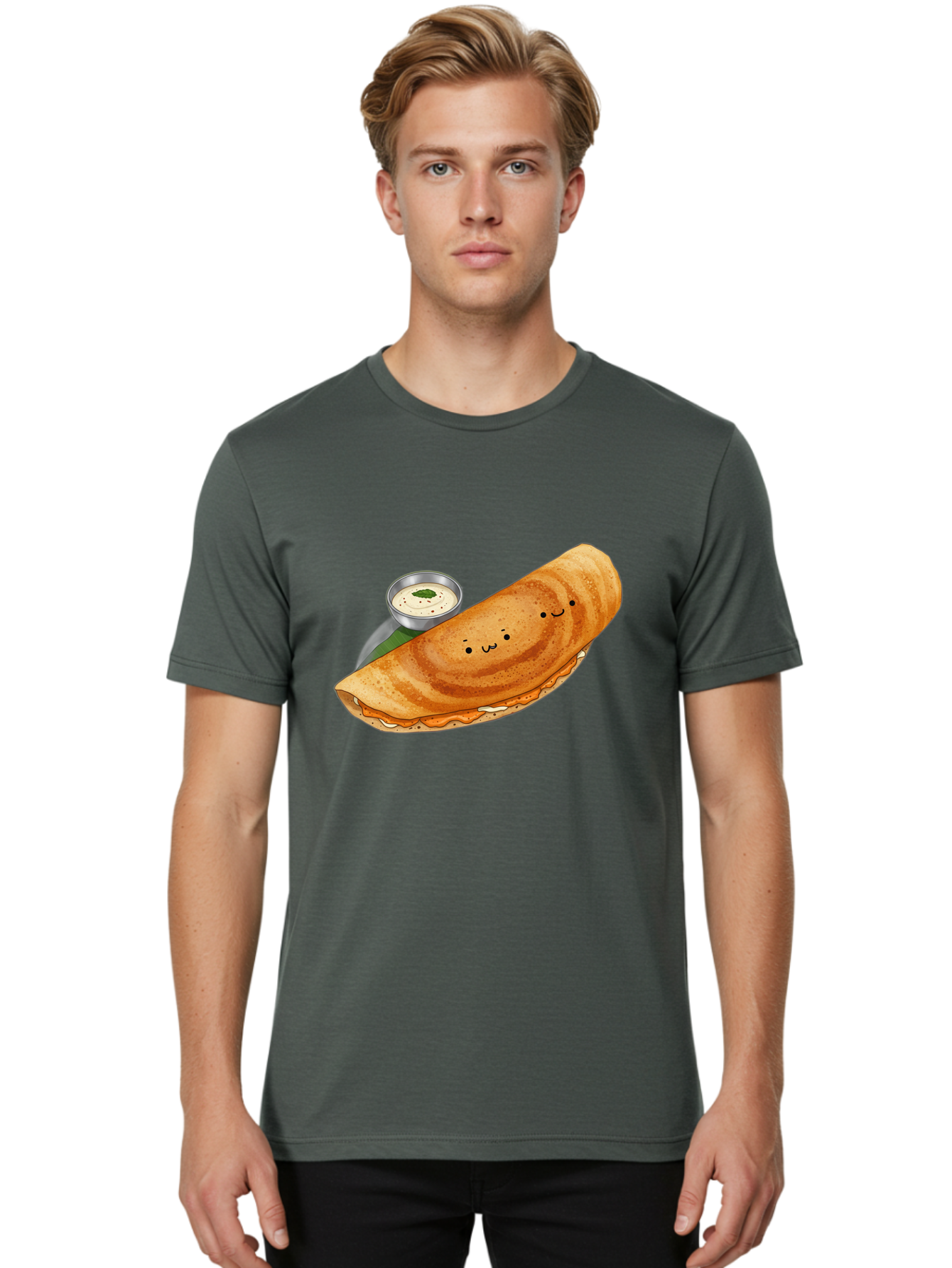 Dosa-2 Men'S Graphic Tee, 100% Cotton, Comfortable Casual Summer Wear, Machine Washable, Indian Cuisine, South Indian Food, Masala Dosa, Dosa Recipe, Crepe Style Pancake, Potato Filling, Chutney, Spicy, Savory, Cartoon Illustration, Kawaii, Baa533
