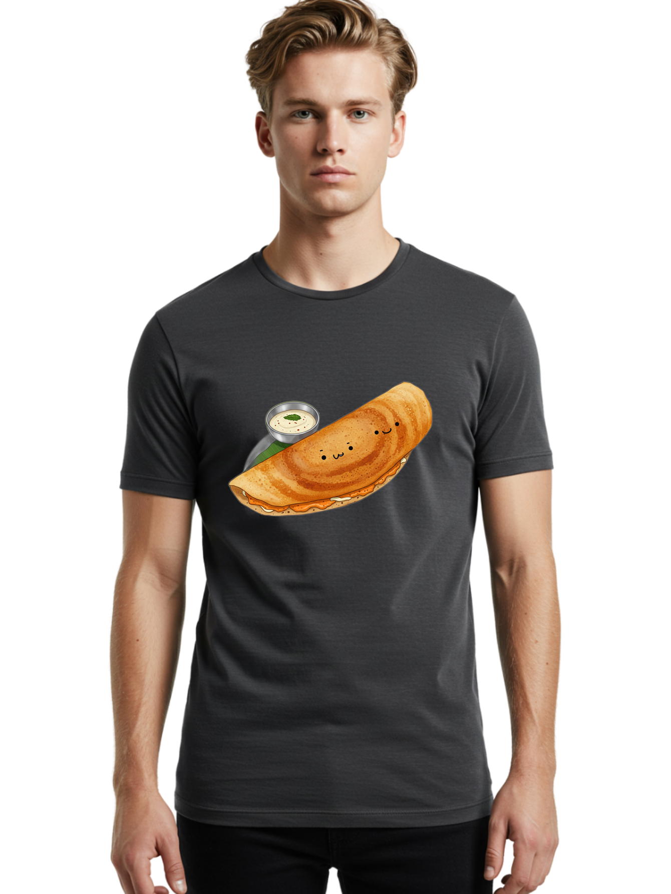 Dosa-2 Men'S Graphic Tee, 100% Cotton, Comfortable Casual Summer Wear, Machine Washable, Indian Cuisine, South Indian Food, Masala Dosa, Dosa Recipe, Crepe Style Pancake, Potato Filling, Chutney, Spicy, Savory, Cartoon Illustration, Kawaii, Baa533