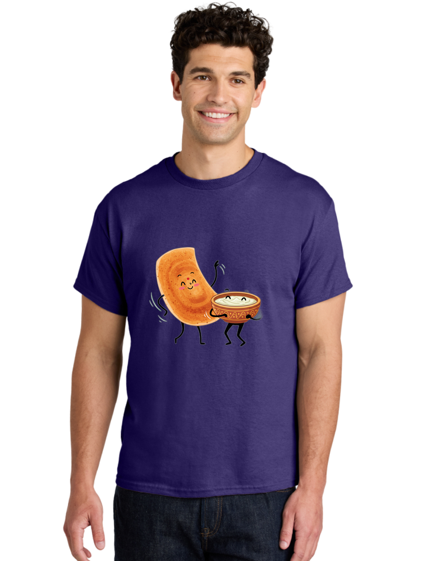 Dosa-And-Chutney Men'S Graphic Tee, 100% Cotton, Comfortable Casual Summer Wear, Machine Washable, Cartoon Papadum, Raita In Bowl, Smiling Faces, Happy Food, Indian Cuisine, Traditional Dish, Cartoon Characters, Funny Illustration, Baa534