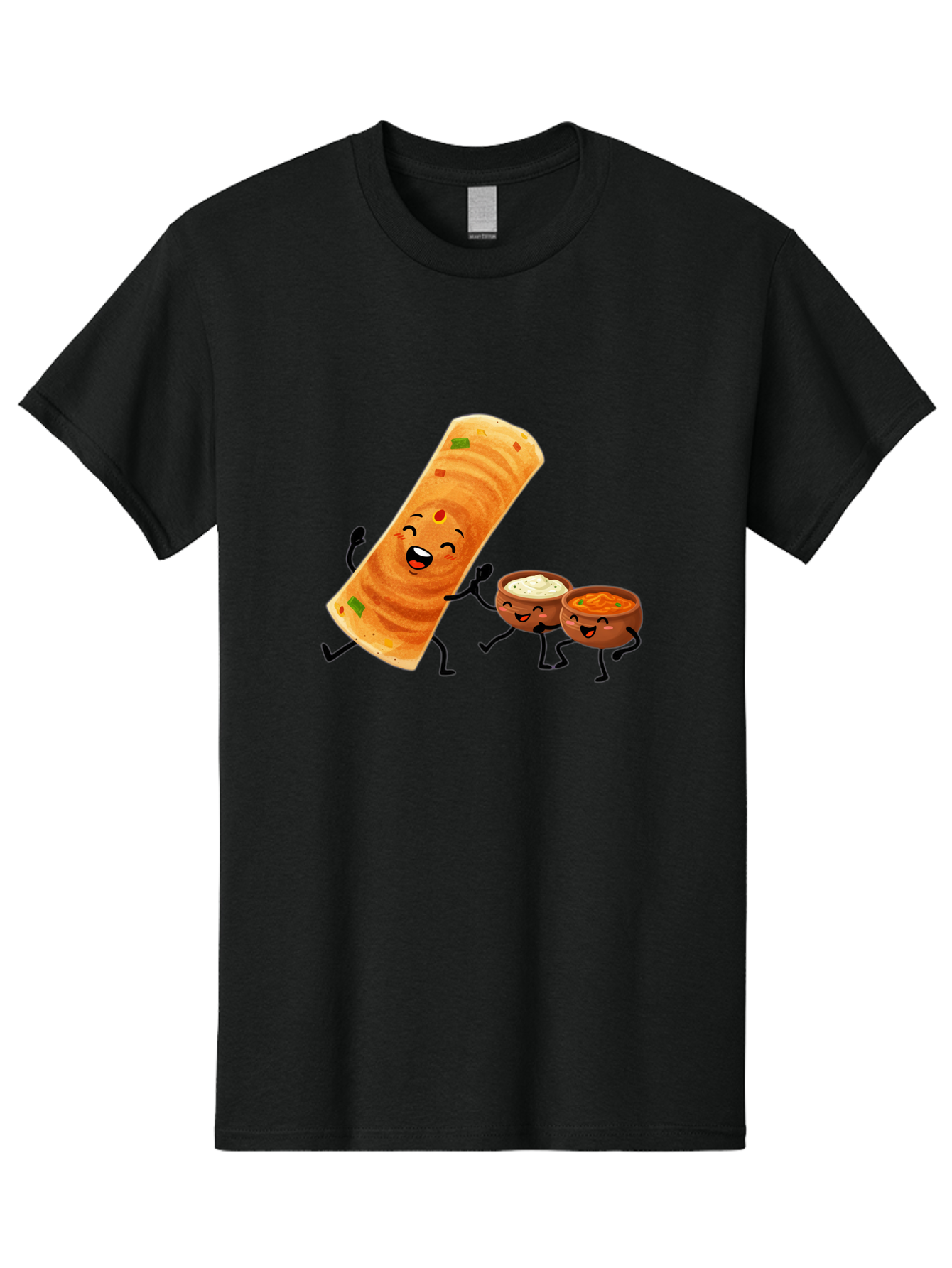 Dosa-And-Dipping-Sauces Men'S Graphic Tee, 100% Cotton, Comfortable Casual Summer Wear, Machine Washable, Indian Food, Wrap And Dips, Curry And Raita, Cartoon Characters, Playful Illustration, Vibrant Colors, Happy Faces, Foodie Fun Baa535