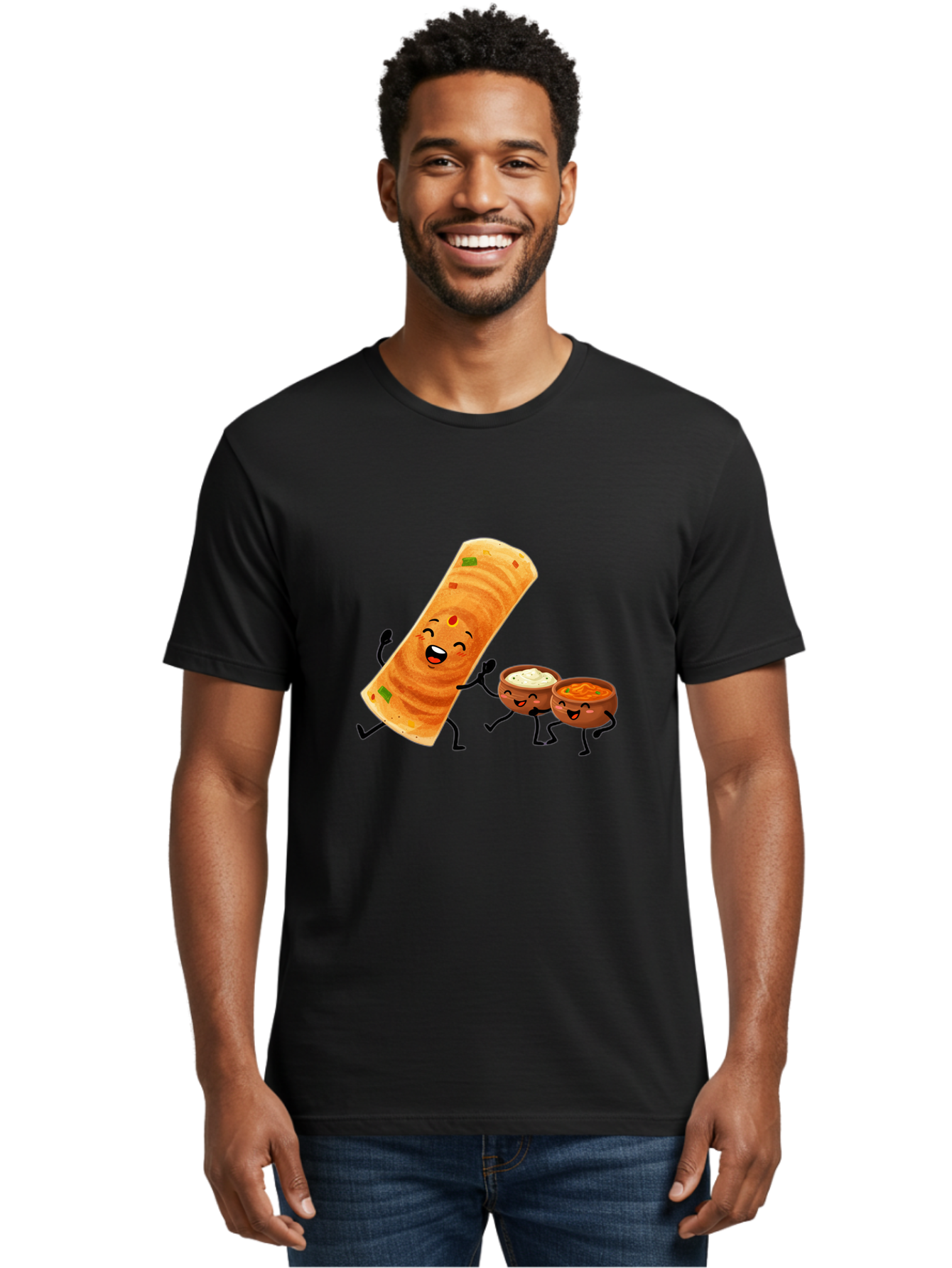 Dosa-And-Dipping-Sauces Men'S Graphic Tee, 100% Cotton, Comfortable Casual Summer Wear, Machine Washable, Indian Food, Wrap And Dips, Curry And Raita, Cartoon Characters, Playful Illustration, Vibrant Colors, Happy Faces, Foodie Fun Baa535
