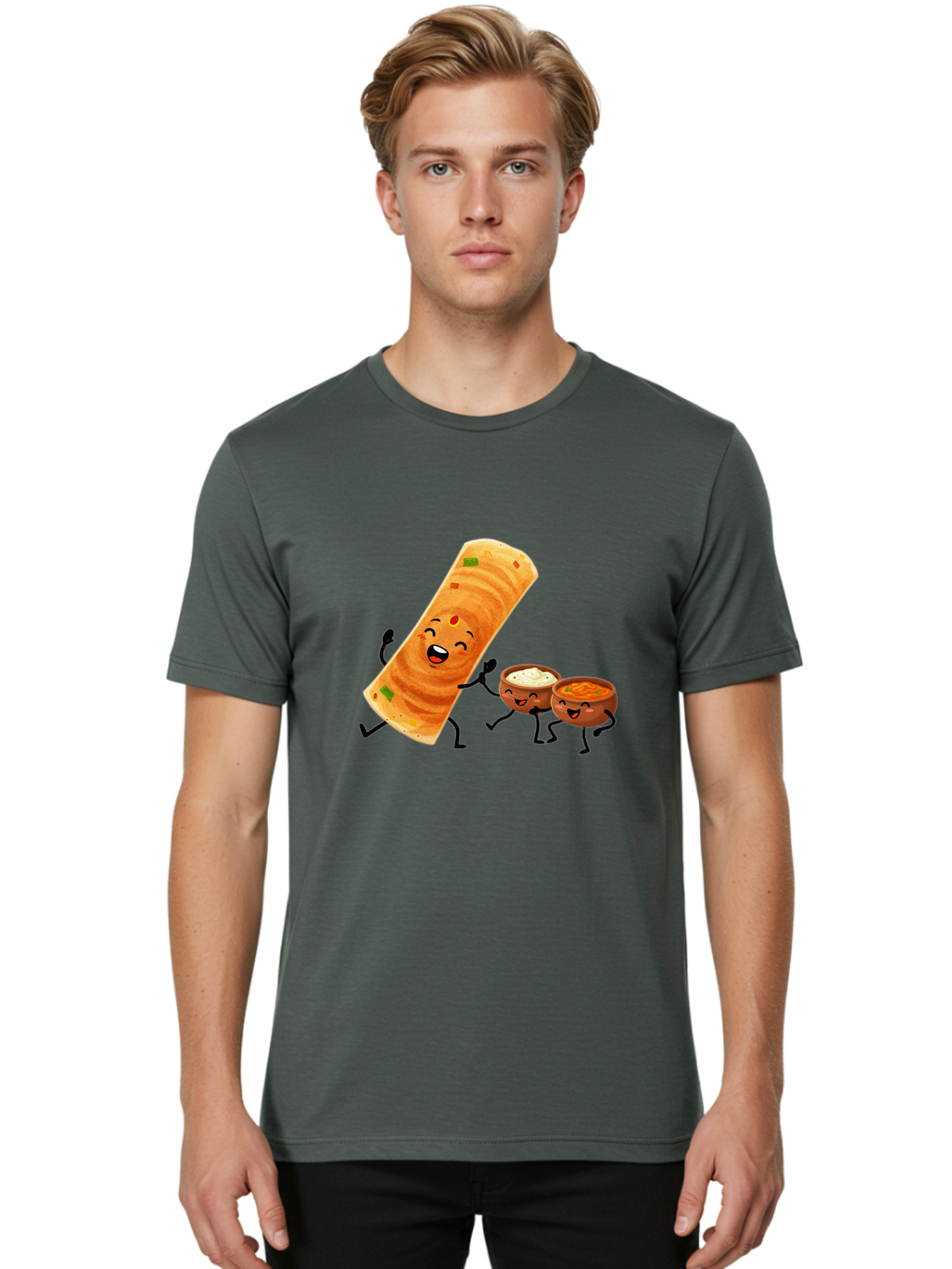Dosa-And-Dipping-Sauces Men'S Graphic Tee, 100% Cotton, Comfortable Casual Summer Wear, Machine Washable, Indian Food, Wrap And Dips, Curry And Raita, Cartoon Characters, Playful Illustration, Vibrant Colors, Happy Faces, Foodie Fun Baa535