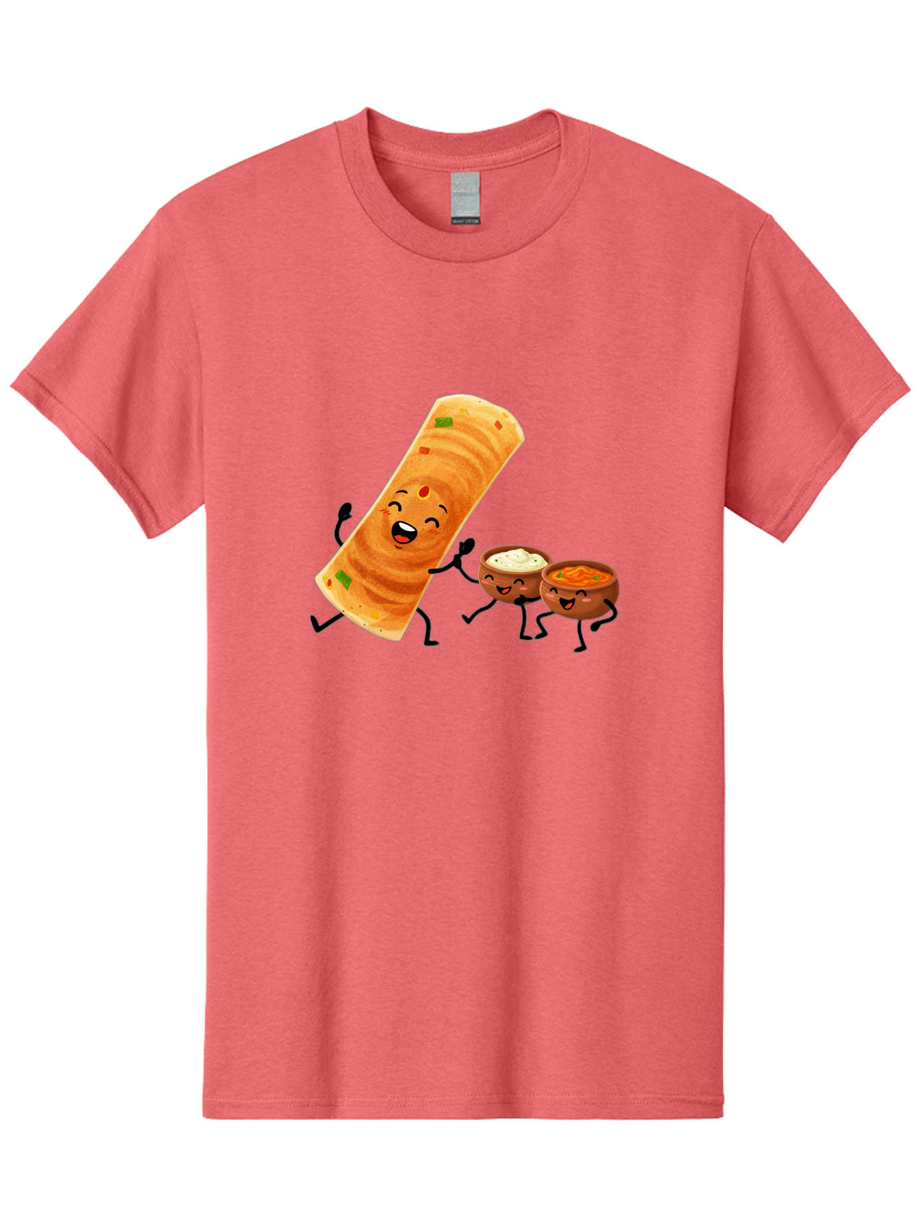 Dosa-And-Dipping-Sauces Men'S Graphic Tee, 100% Cotton, Comfortable Casual Summer Wear, Machine Washable, Indian Food, Wrap And Dips, Curry And Raita, Cartoon Characters, Playful Illustration, Vibrant Colors, Happy Faces, Foodie Fun Baa535
