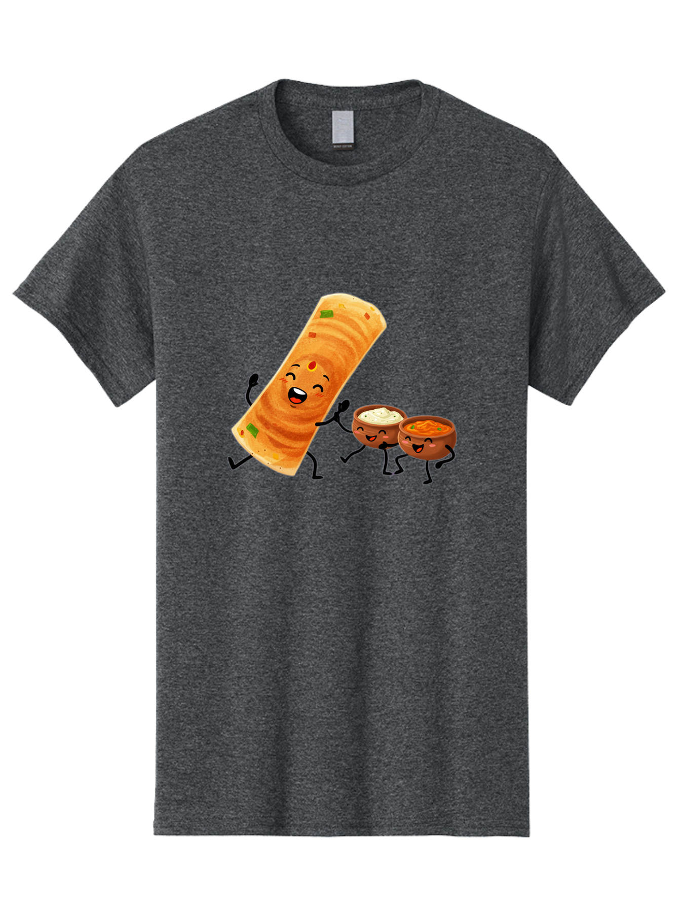 Dosa-And-Dipping-Sauces Men'S Graphic Tee, 100% Cotton, Comfortable Casual Summer Wear, Machine Washable, Indian Food, Wrap And Dips, Curry And Raita, Cartoon Characters, Playful Illustration, Vibrant Colors, Happy Faces, Foodie Fun Baa535