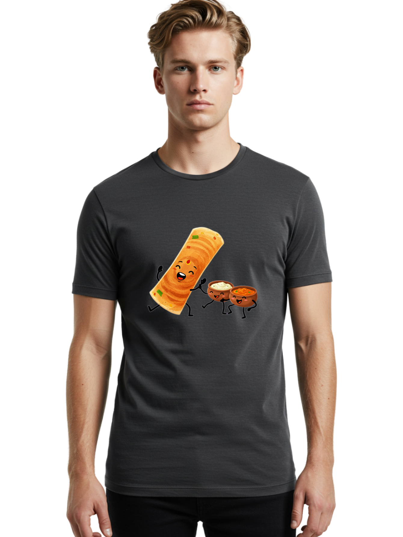 Dosa-And-Dipping-Sauces Men'S Graphic Tee, 100% Cotton, Comfortable Casual Summer Wear, Machine Washable, Indian Food, Wrap And Dips, Curry And Raita, Cartoon Characters, Playful Illustration, Vibrant Colors, Happy Faces, Foodie Fun Baa535
