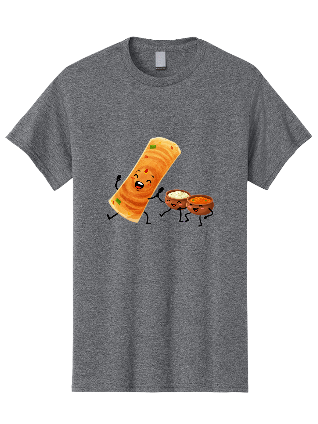 Dosa-And-Dipping-Sauces Men'S Graphic Tee, 100% Cotton, Comfortable Casual Summer Wear, Machine Washable, Indian Food, Wrap And Dips, Curry And Raita, Cartoon Characters, Playful Illustration, Vibrant Colors, Happy Faces, Foodie Fun Baa535