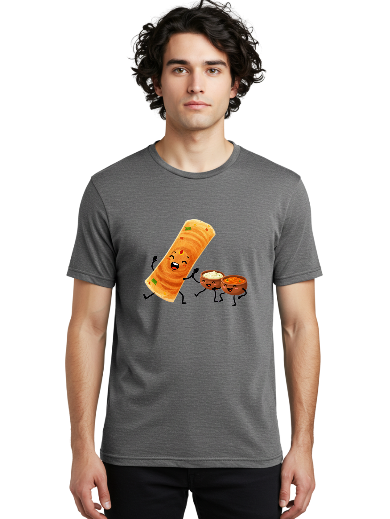 Dosa-And-Dipping-Sauces Men'S Graphic Tee, 100% Cotton, Comfortable Casual Summer Wear, Machine Washable, Indian Food, Wrap And Dips, Curry And Raita, Cartoon Characters, Playful Illustration, Vibrant Colors, Happy Faces, Foodie Fun Baa535