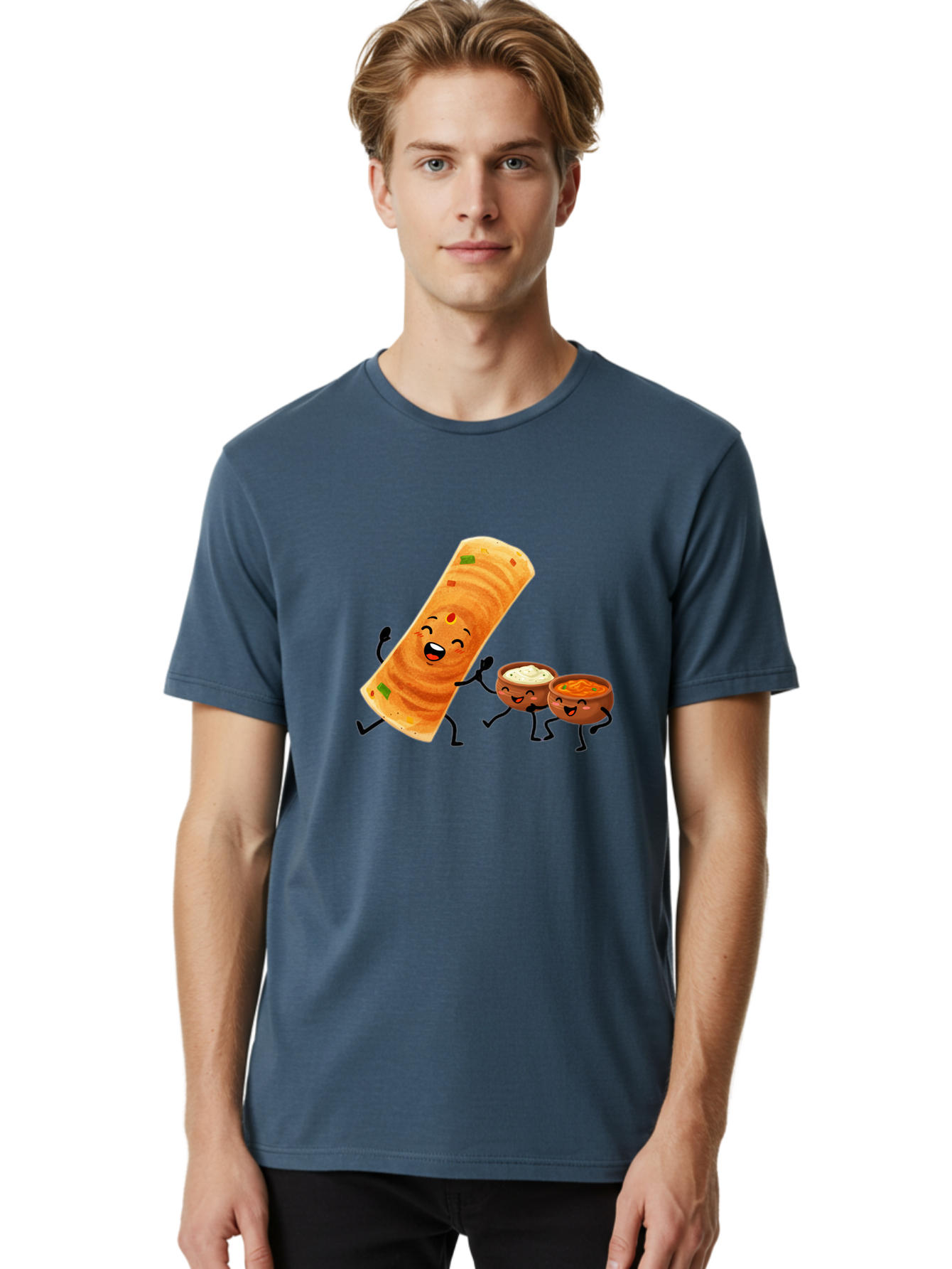Dosa-And-Dipping-Sauces Men'S Graphic Tee, 100% Cotton, Comfortable Casual Summer Wear, Machine Washable, Indian Food, Wrap And Dips, Curry And Raita, Cartoon Characters, Playful Illustration, Vibrant Colors, Happy Faces, Foodie Fun Baa535