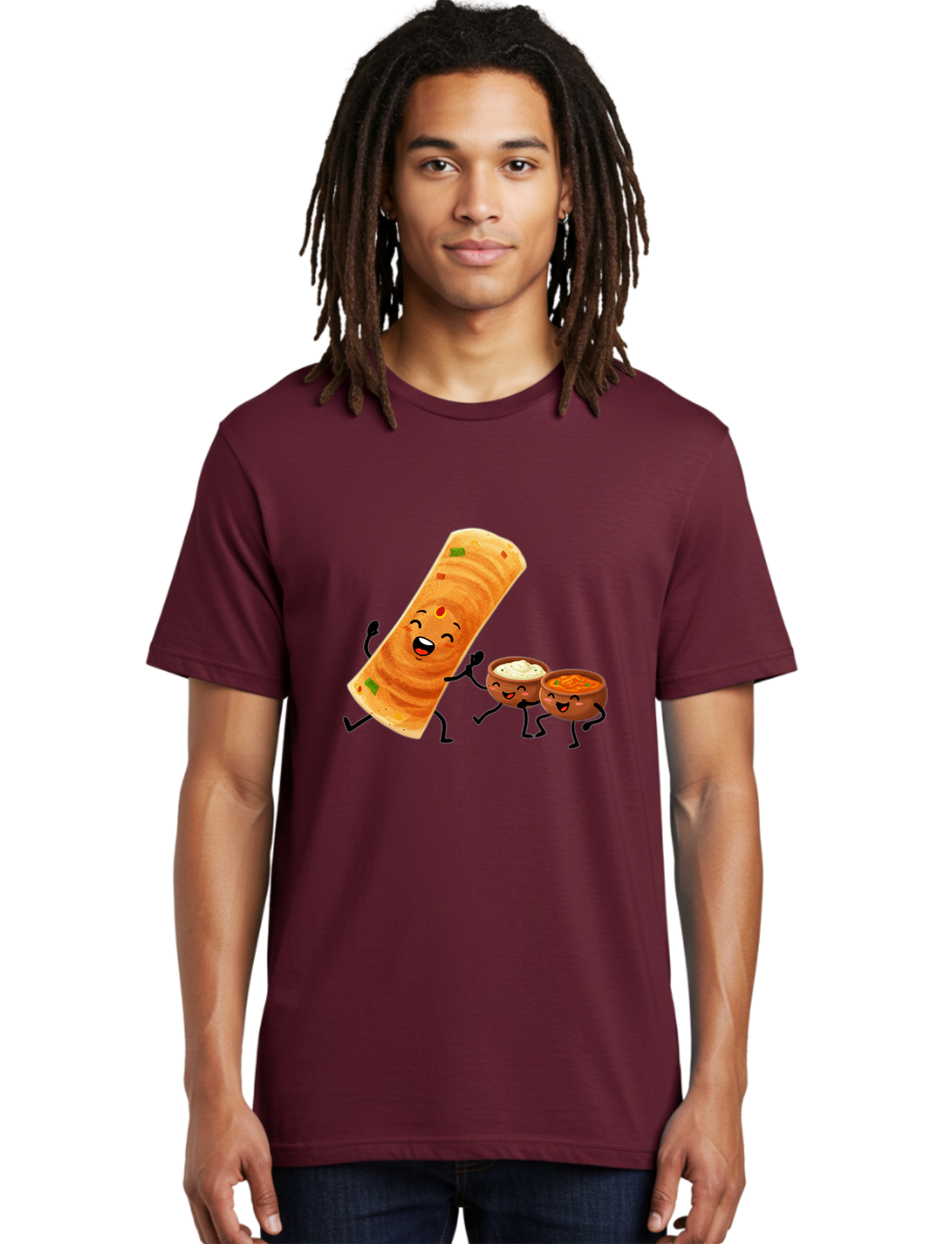 Dosa-And-Dipping-Sauces Men'S Graphic Tee, 100% Cotton, Comfortable Casual Summer Wear, Machine Washable, Indian Food, Wrap And Dips, Curry And Raita, Cartoon Characters, Playful Illustration, Vibrant Colors, Happy Faces, Foodie Fun Baa535