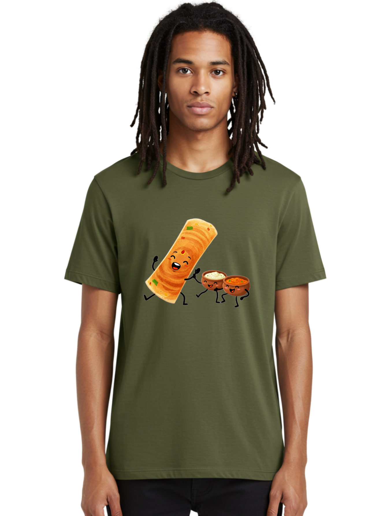 Dosa-And-Dipping-Sauces Men'S Graphic Tee, 100% Cotton, Comfortable Casual Summer Wear, Machine Washable, Indian Food, Wrap And Dips, Curry And Raita, Cartoon Characters, Playful Illustration, Vibrant Colors, Happy Faces, Foodie Fun Baa535
