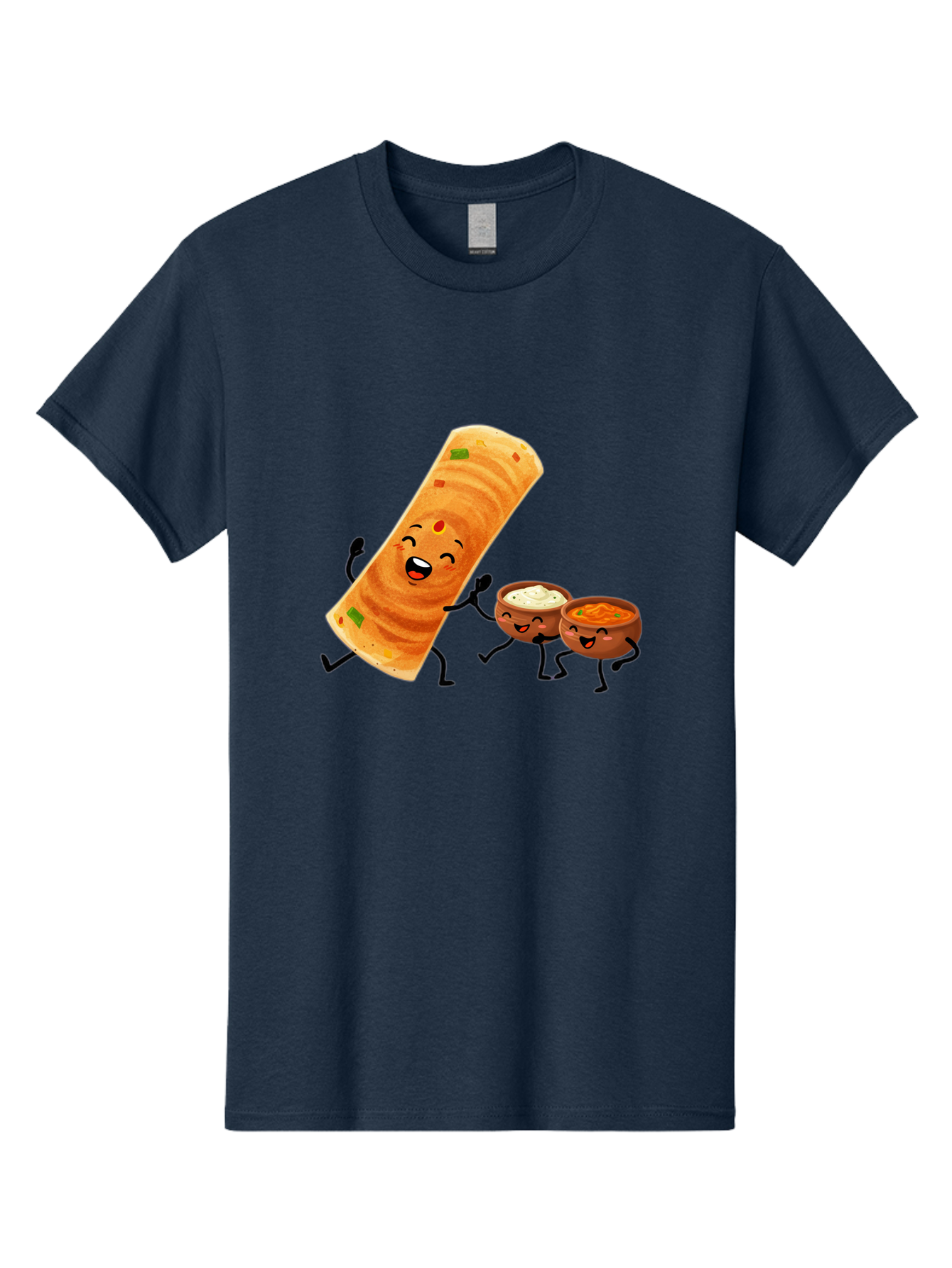 Dosa-And-Dipping-Sauces Men'S Graphic Tee, 100% Cotton, Comfortable Casual Summer Wear, Machine Washable, Indian Food, Wrap And Dips, Curry And Raita, Cartoon Characters, Playful Illustration, Vibrant Colors, Happy Faces, Foodie Fun Baa535