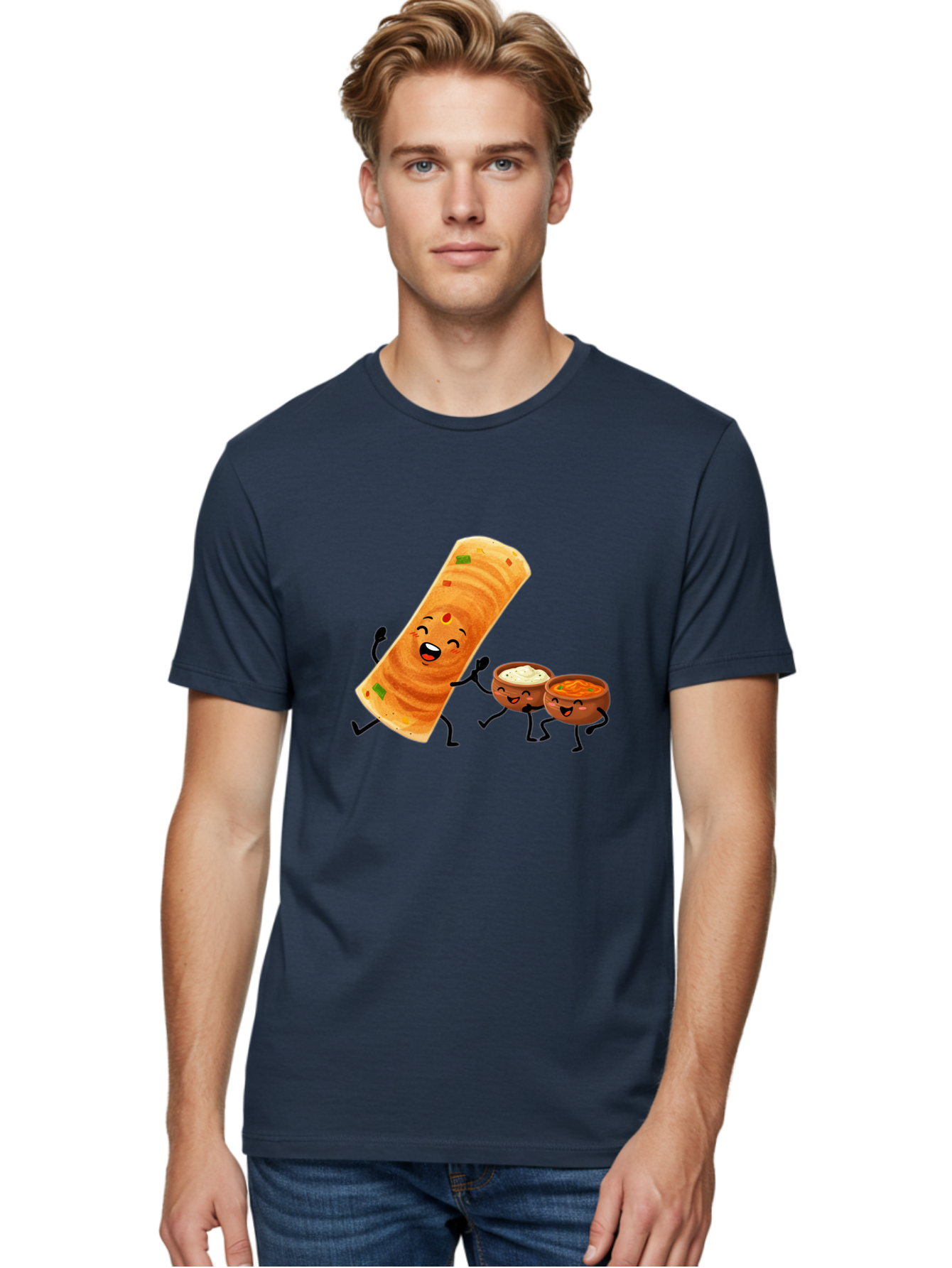 Dosa-And-Dipping-Sauces Men'S Graphic Tee, 100% Cotton, Comfortable Casual Summer Wear, Machine Washable, Indian Food, Wrap And Dips, Curry And Raita, Cartoon Characters, Playful Illustration, Vibrant Colors, Happy Faces, Foodie Fun Baa535