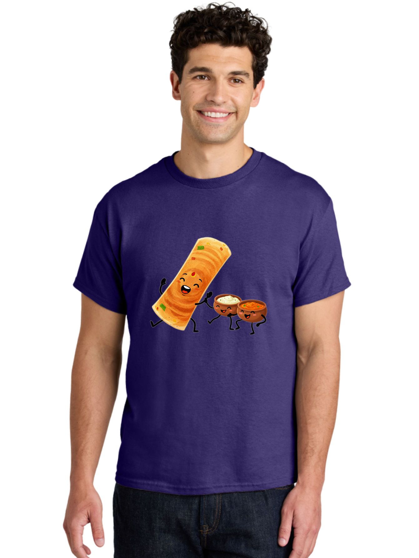 Dosa-And-Dipping-Sauces Men'S Graphic Tee, 100% Cotton, Comfortable Casual Summer Wear, Machine Washable, Indian Food, Wrap And Dips, Curry And Raita, Cartoon Characters, Playful Illustration, Vibrant Colors, Happy Faces, Foodie Fun Baa535