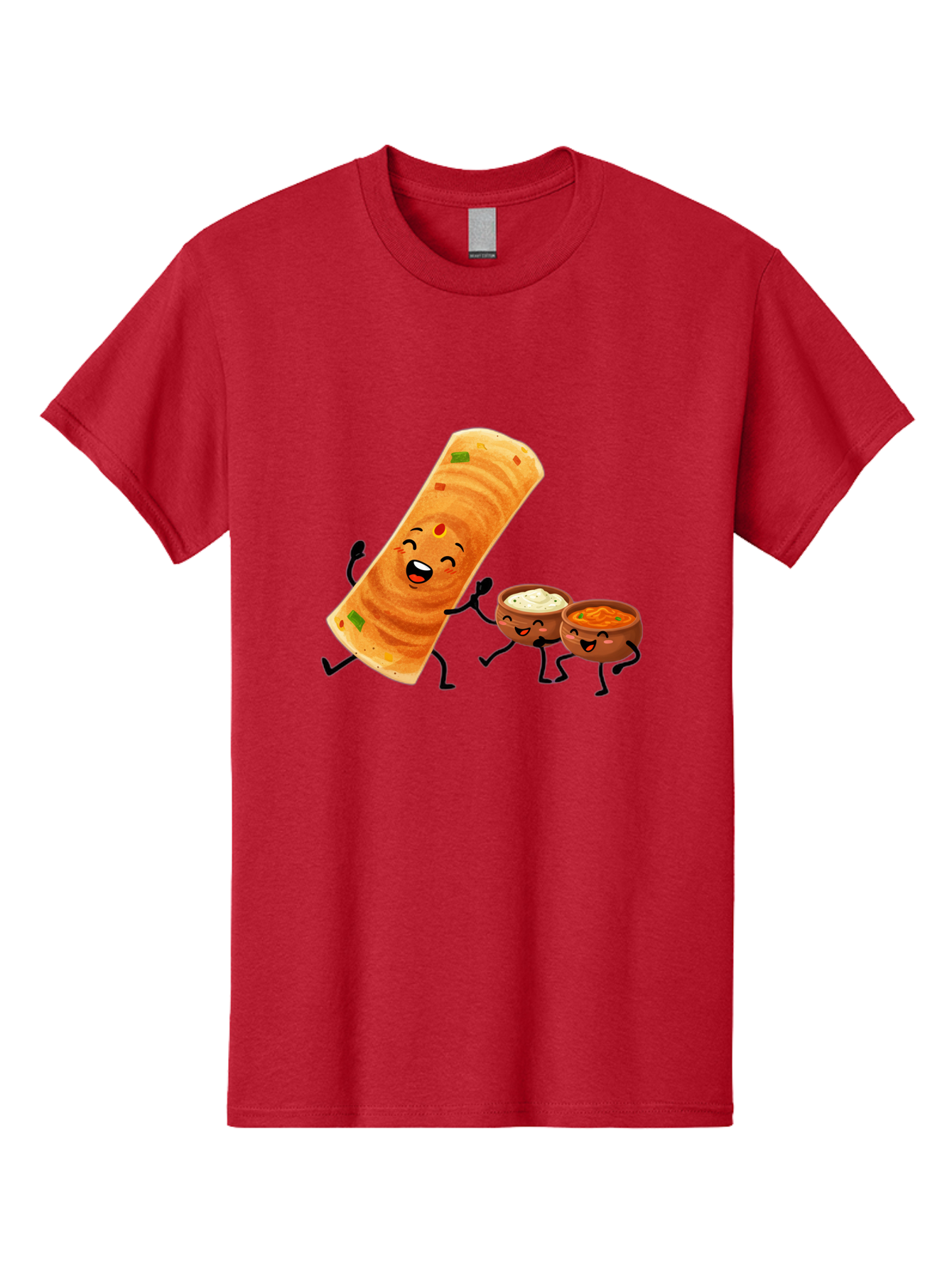 Dosa-And-Dipping-Sauces Men'S Graphic Tee, 100% Cotton, Comfortable Casual Summer Wear, Machine Washable, Indian Food, Wrap And Dips, Curry And Raita, Cartoon Characters, Playful Illustration, Vibrant Colors, Happy Faces, Foodie Fun Baa535
