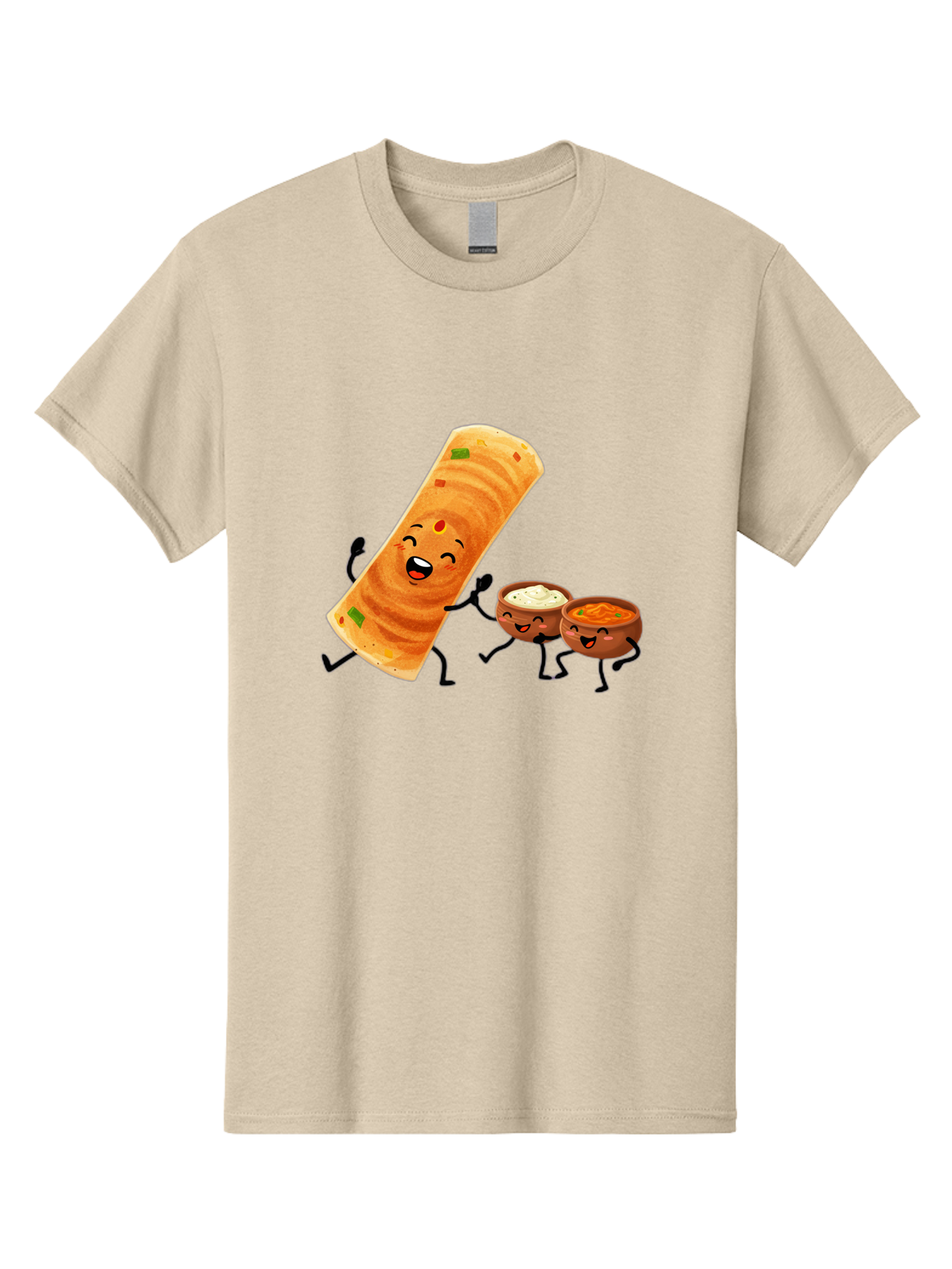 Dosa-And-Dipping-Sauces Men'S Graphic Tee, 100% Cotton, Comfortable Casual Summer Wear, Machine Washable, Indian Food, Wrap And Dips, Curry And Raita, Cartoon Characters, Playful Illustration, Vibrant Colors, Happy Faces, Foodie Fun Baa535