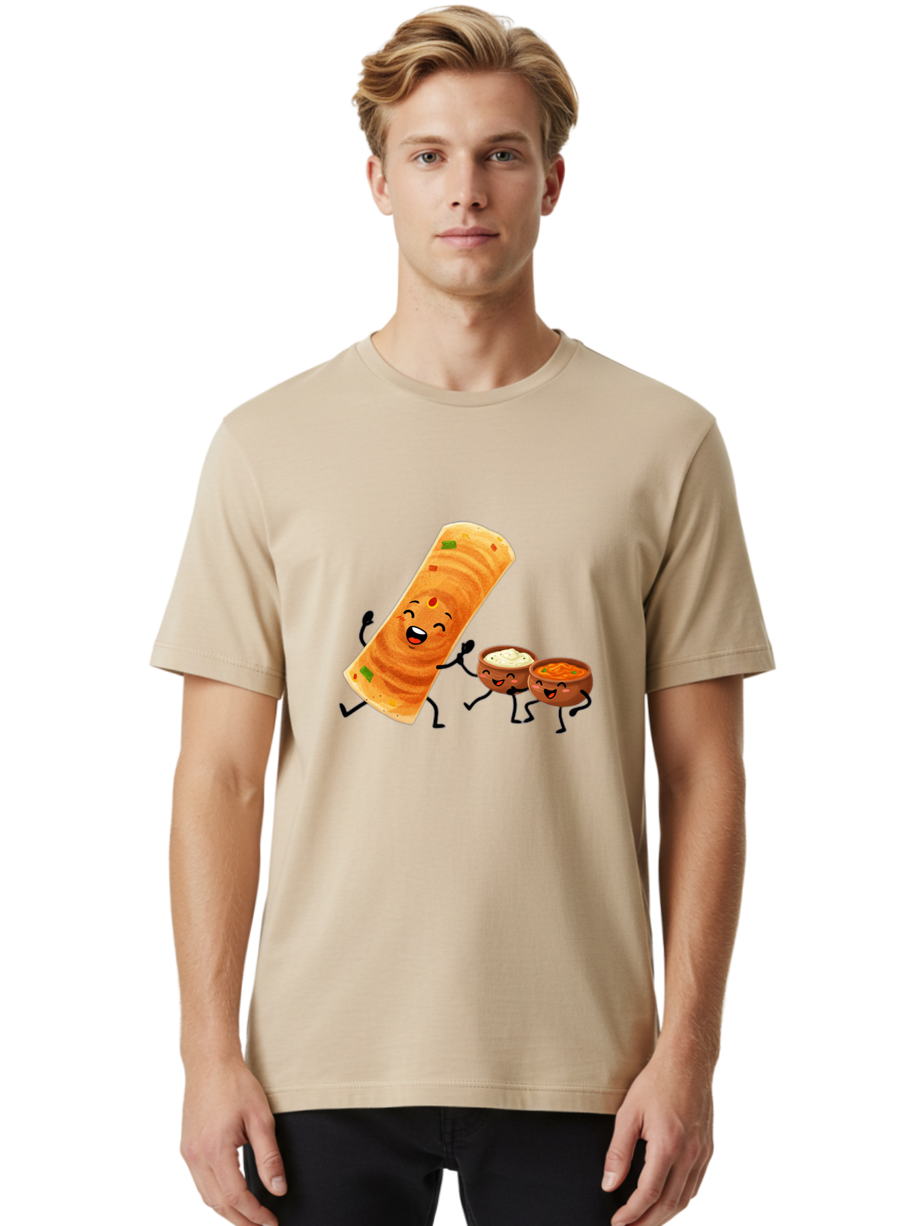 Dosa-And-Dipping-Sauces Men'S Graphic Tee, 100% Cotton, Comfortable Casual Summer Wear, Machine Washable, Indian Food, Wrap And Dips, Curry And Raita, Cartoon Characters, Playful Illustration, Vibrant Colors, Happy Faces, Foodie Fun Baa535