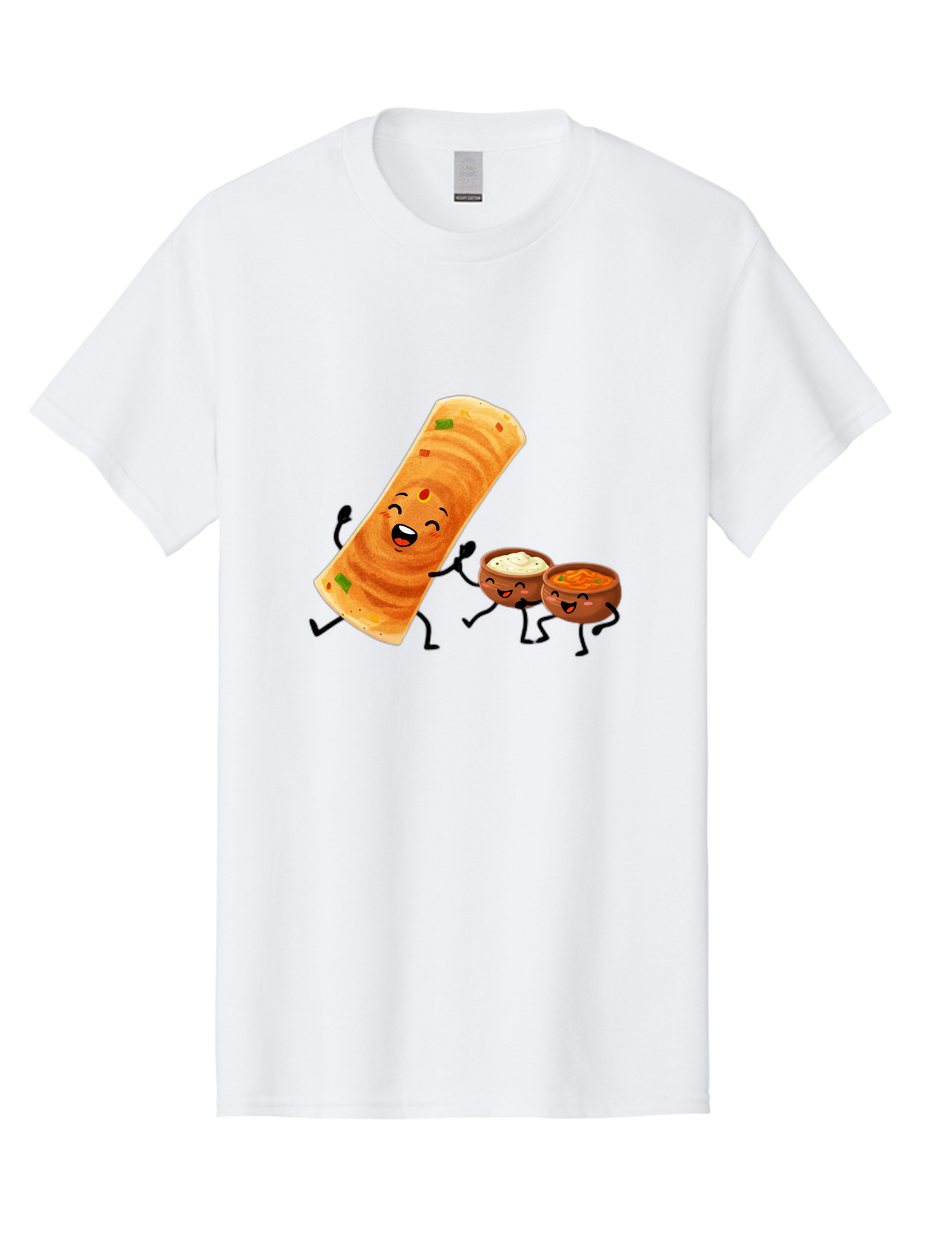 Dosa-And-Dipping-Sauces Men'S Graphic Tee, 100% Cotton, Comfortable Casual Summer Wear, Machine Washable, Indian Food, Wrap And Dips, Curry And Raita, Cartoon Characters, Playful Illustration, Vibrant Colors, Happy Faces, Foodie Fun Baa535