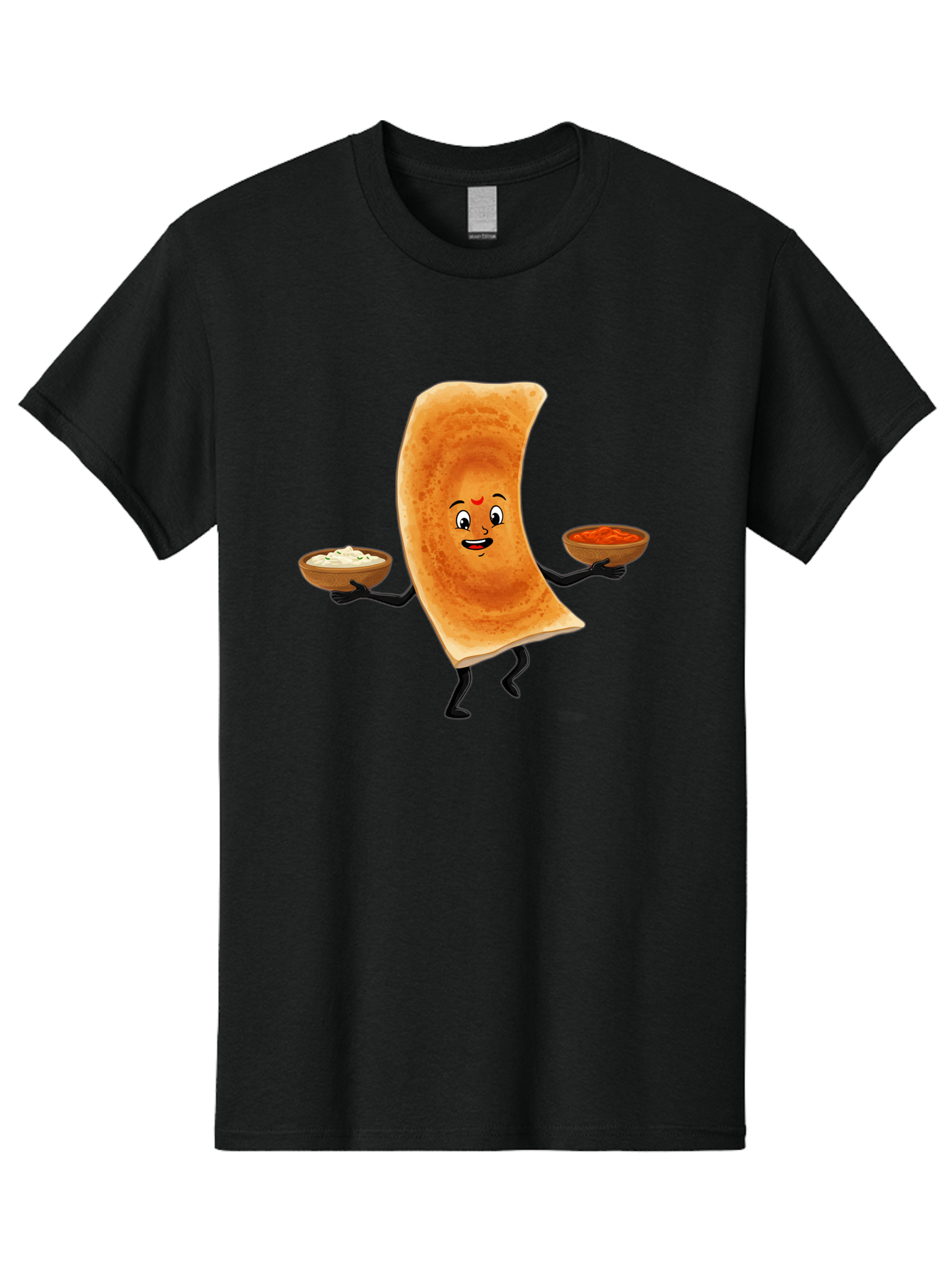 Dosa-Character Men'S Graphic Tee, 100% Cotton, Comfortable Casual Summer Wear, Machine Washable, Cartoon Chapati, Indian Flatbread, Smiling Face, Bowls Of Chutney And Raita, Black Arms And Legs, Happy Expression, Traditional Cuisine, Baa538