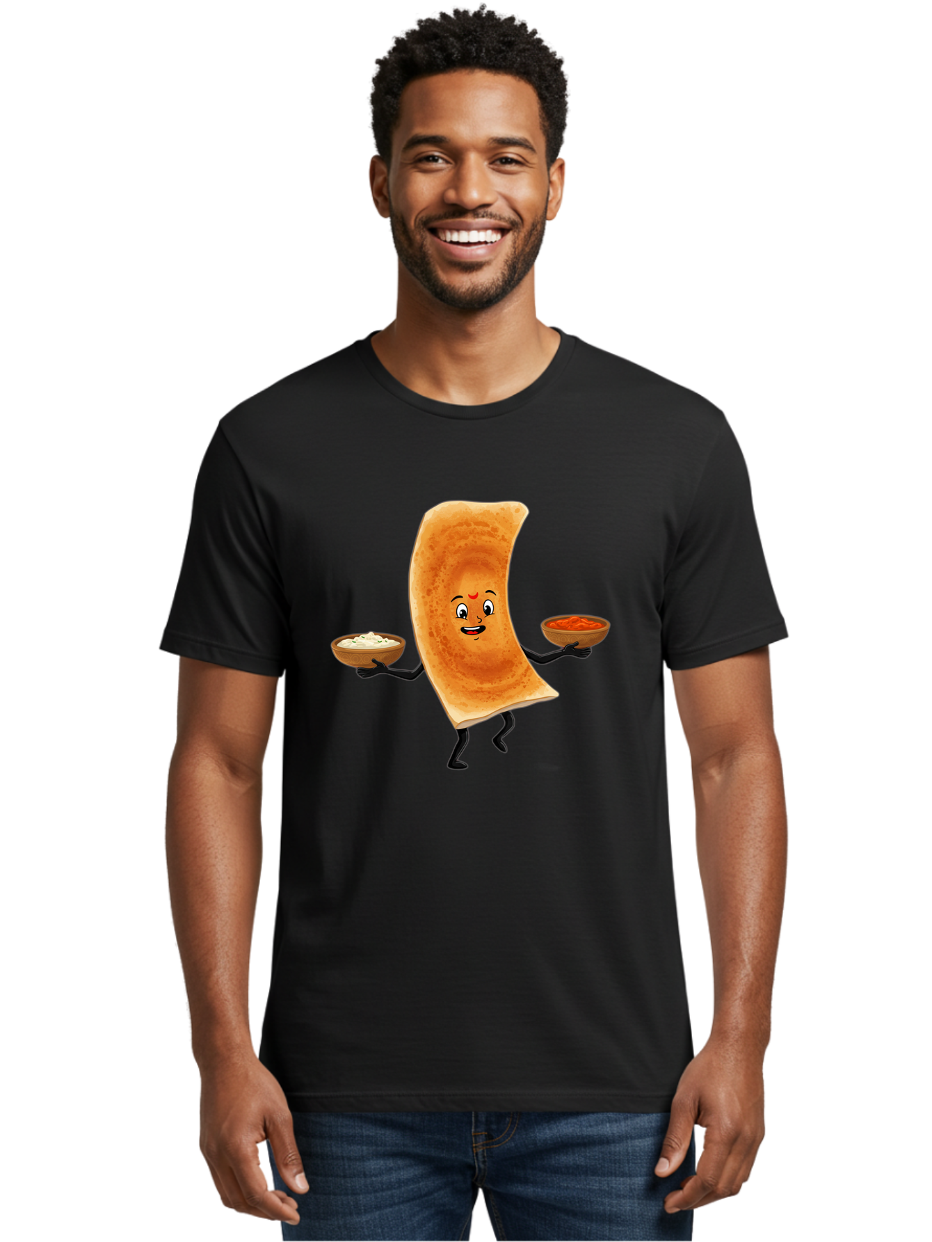 Dosa-Character Men'S Graphic Tee, 100% Cotton, Comfortable Casual Summer Wear, Machine Washable, Cartoon Chapati, Indian Flatbread, Smiling Face, Bowls Of Chutney And Raita, Black Arms And Legs, Happy Expression, Traditional Cuisine, Baa538