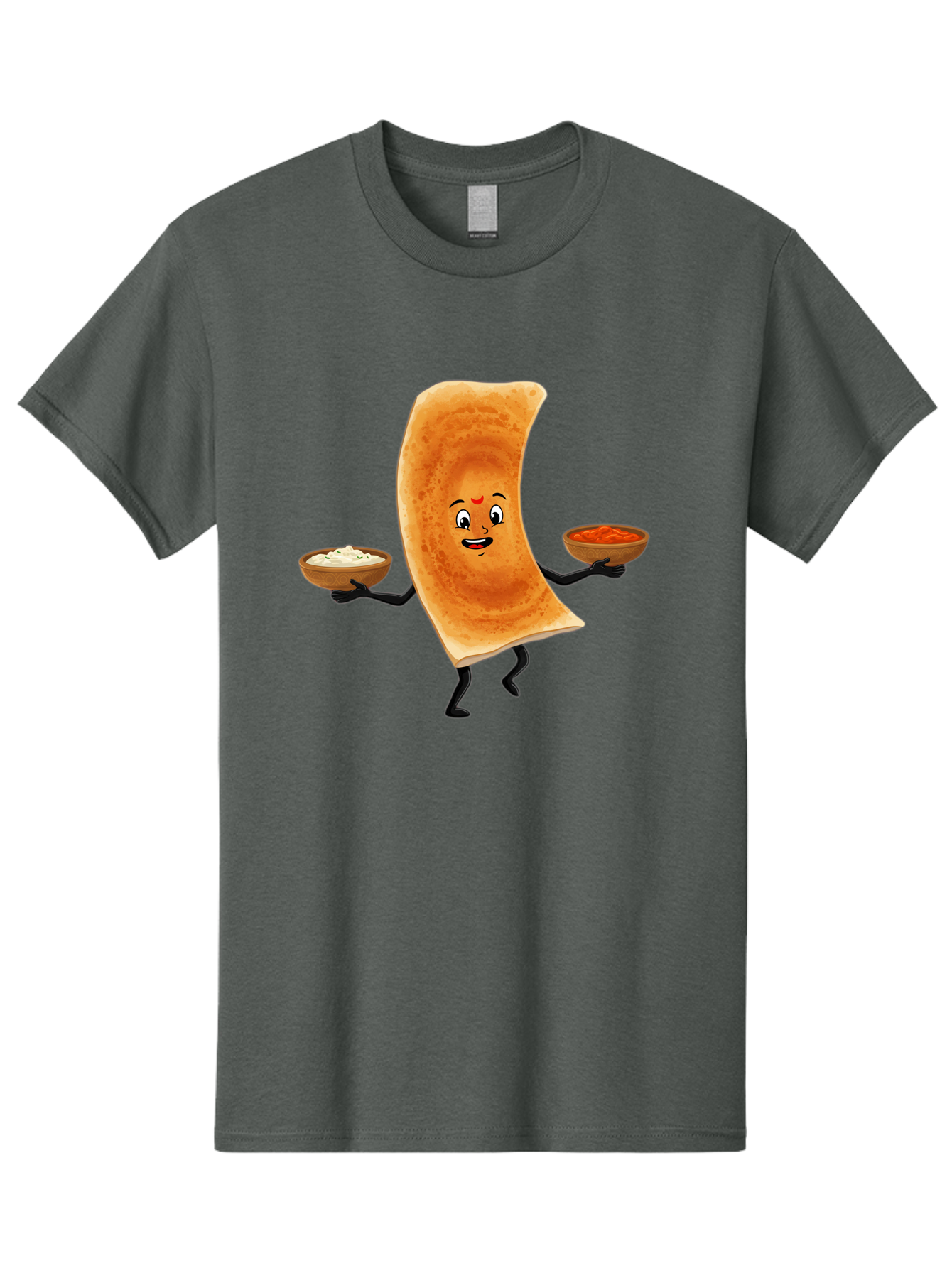 Dosa-Character Men'S Graphic Tee, 100% Cotton, Comfortable Casual Summer Wear, Machine Washable, Cartoon Chapati, Indian Flatbread, Smiling Face, Bowls Of Chutney And Raita, Black Arms And Legs, Happy Expression, Traditional Cuisine, Baa538