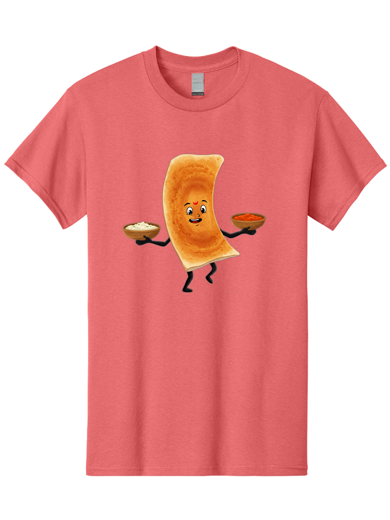 Dosa-Character Men'S Graphic Tee, 100% Cotton, Comfortable Casual Summer Wear, Machine Washable, Cartoon Chapati, Indian Flatbread, Smiling Face, Bowls Of Chutney And Raita, Black Arms And Legs, Happy Expression, Traditional Cuisine, Baa538