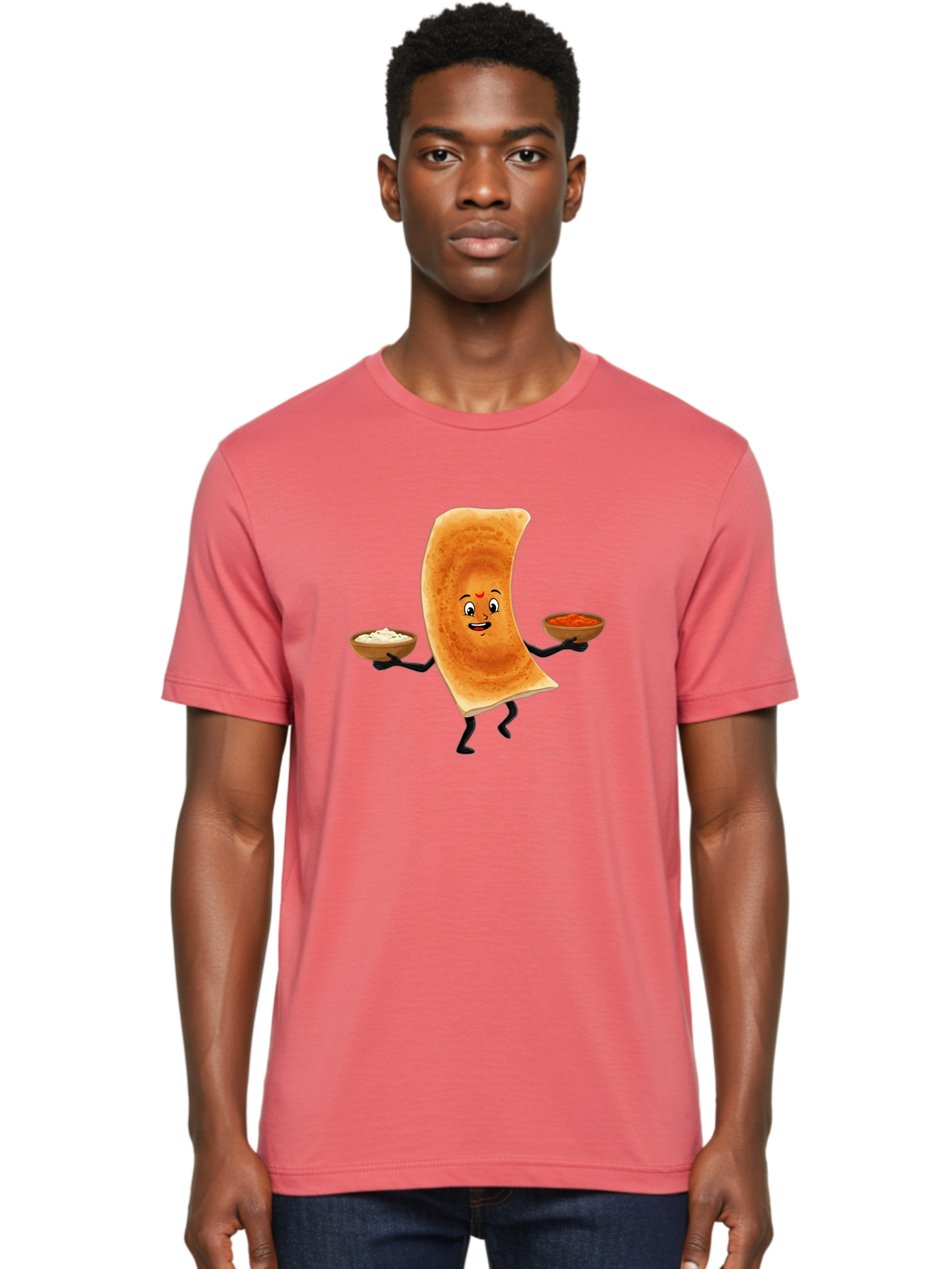 Dosa-Character Men'S Graphic Tee, 100% Cotton, Comfortable Casual Summer Wear, Machine Washable, Cartoon Chapati, Indian Flatbread, Smiling Face, Bowls Of Chutney And Raita, Black Arms And Legs, Happy Expression, Traditional Cuisine, Baa538