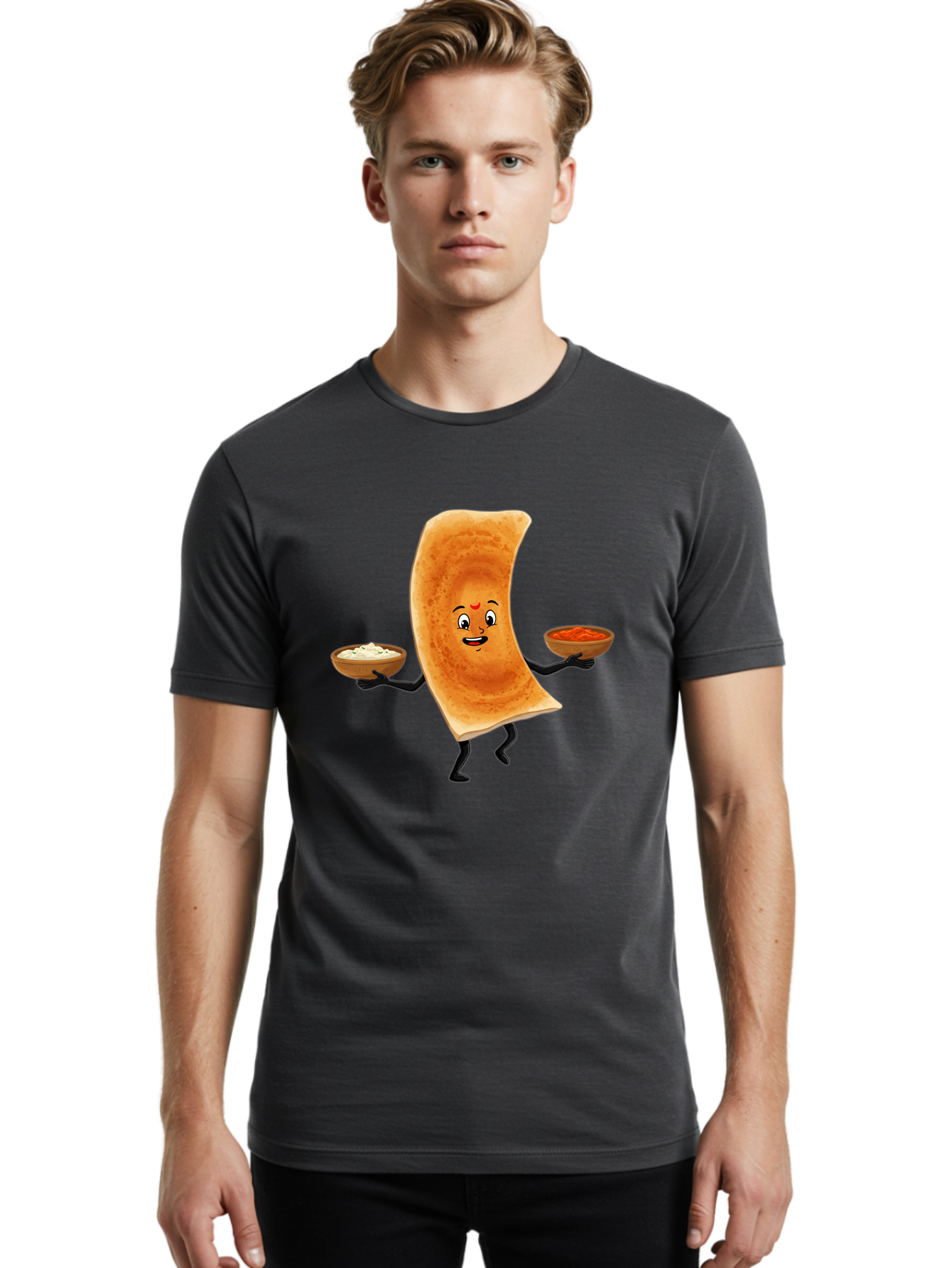 Dosa-Character Men'S Graphic Tee, 100% Cotton, Comfortable Casual Summer Wear, Machine Washable, Cartoon Chapati, Indian Flatbread, Smiling Face, Bowls Of Chutney And Raita, Black Arms And Legs, Happy Expression, Traditional Cuisine, Baa538