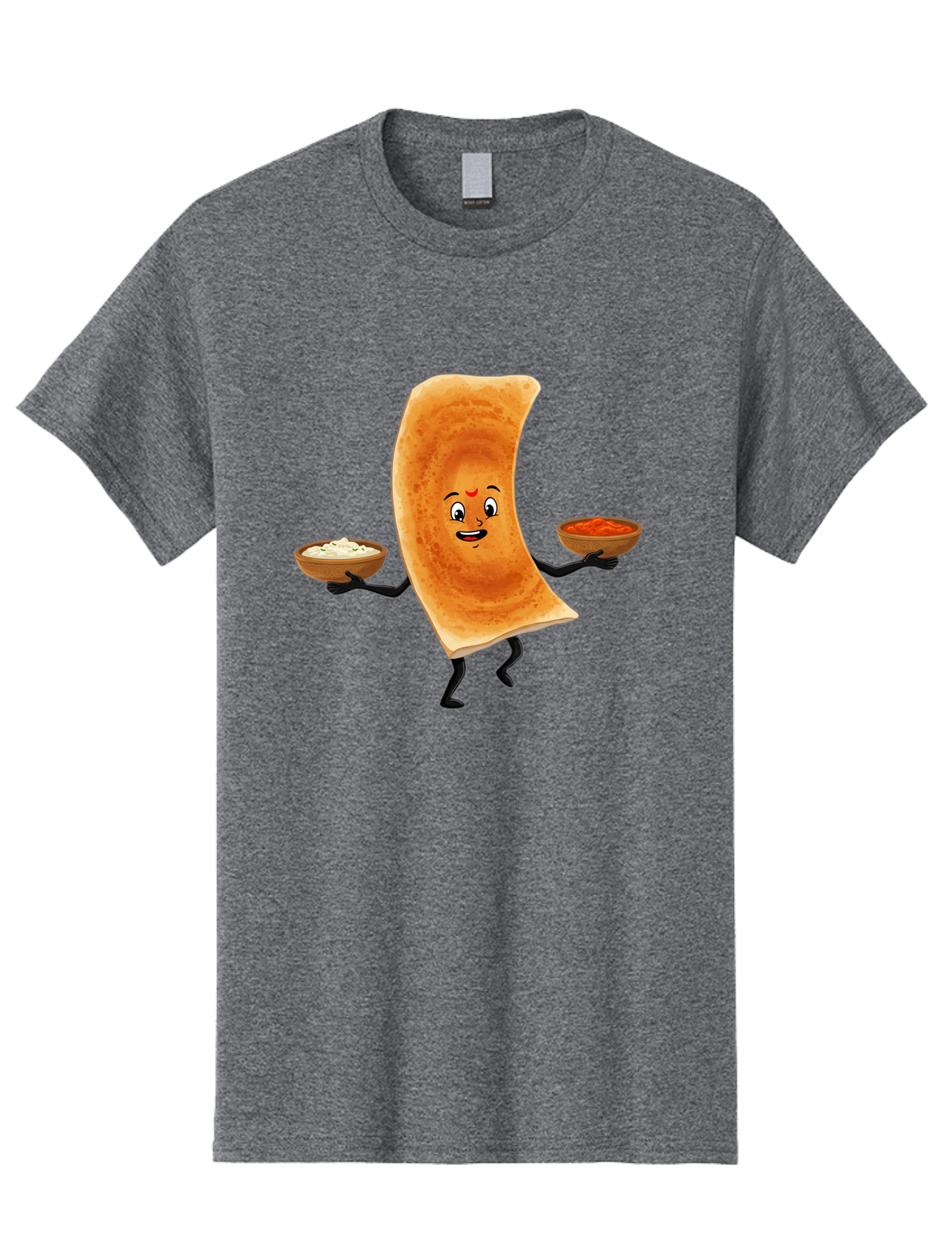 Dosa-Character Men'S Graphic Tee, 100% Cotton, Comfortable Casual Summer Wear, Machine Washable, Cartoon Chapati, Indian Flatbread, Smiling Face, Bowls Of Chutney And Raita, Black Arms And Legs, Happy Expression, Traditional Cuisine, Baa538