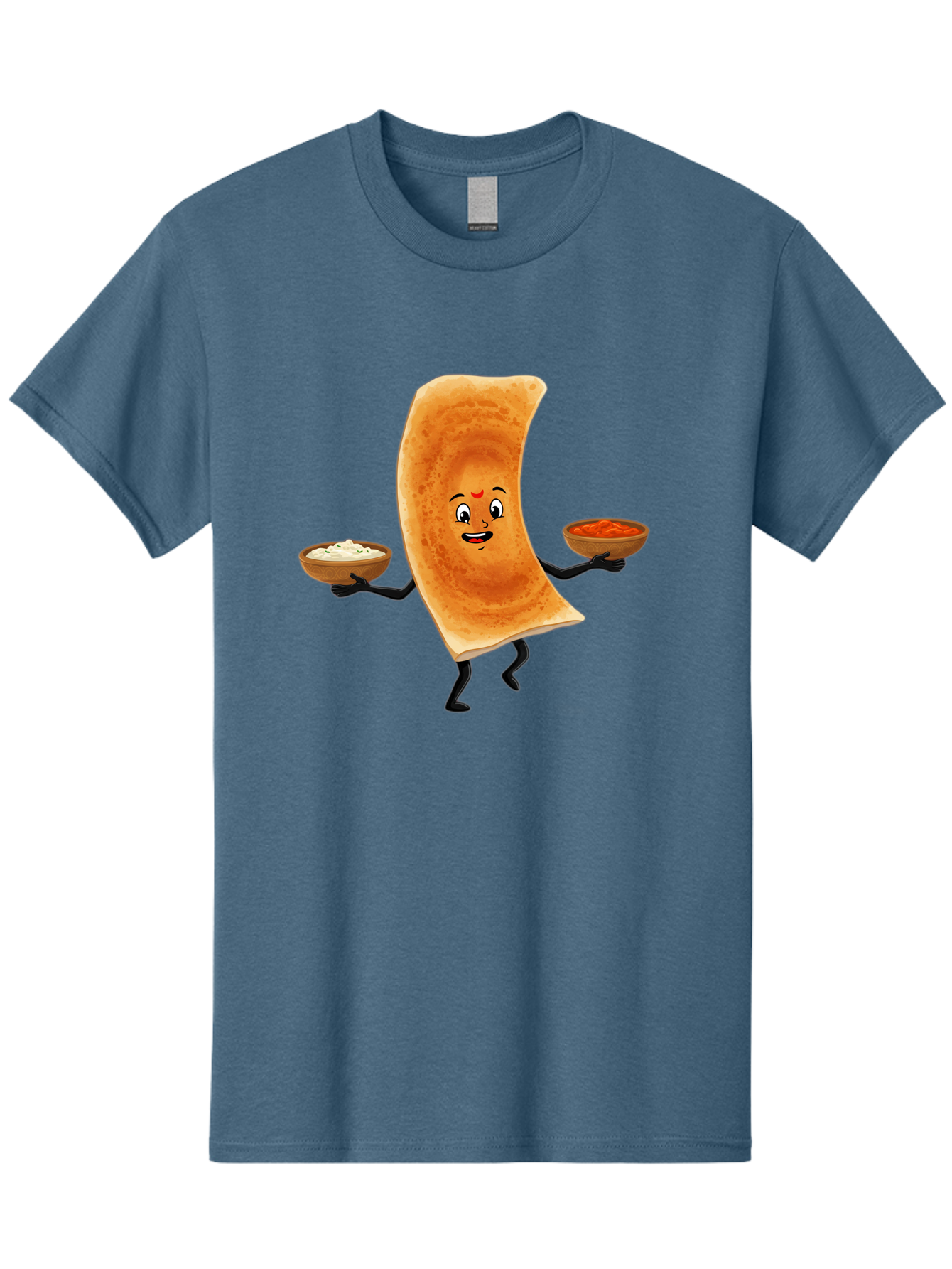 Dosa-Character Men'S Graphic Tee, 100% Cotton, Comfortable Casual Summer Wear, Machine Washable, Cartoon Chapati, Indian Flatbread, Smiling Face, Bowls Of Chutney And Raita, Black Arms And Legs, Happy Expression, Traditional Cuisine, Baa538