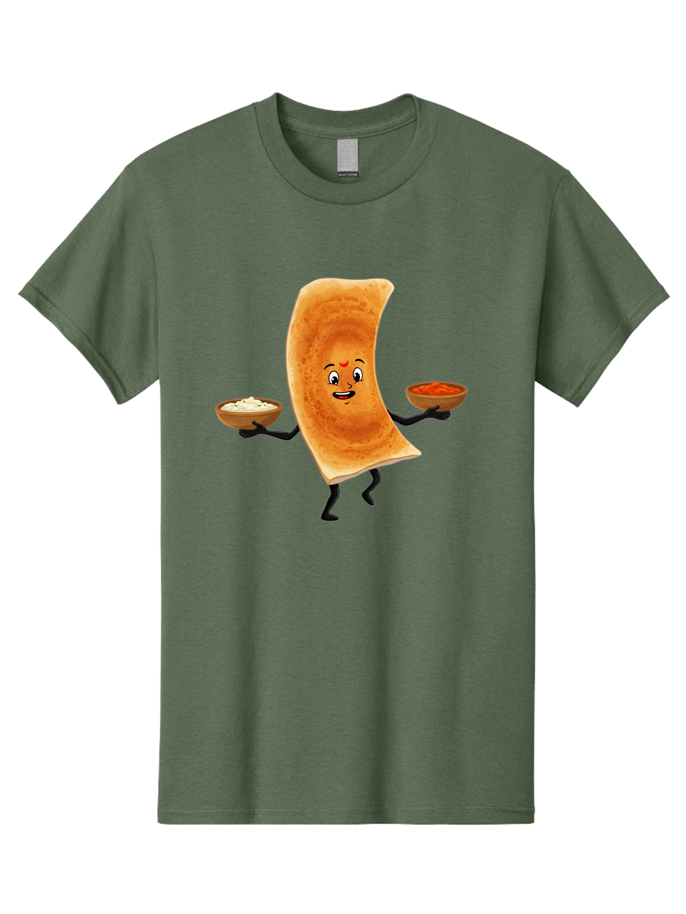 Dosa-Character Men'S Graphic Tee, 100% Cotton, Comfortable Casual Summer Wear, Machine Washable, Cartoon Chapati, Indian Flatbread, Smiling Face, Bowls Of Chutney And Raita, Black Arms And Legs, Happy Expression, Traditional Cuisine, Baa538