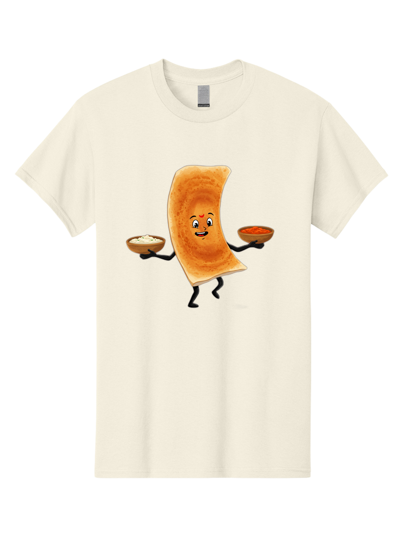 Dosa-Character Men'S Graphic Tee, 100% Cotton, Comfortable Casual Summer Wear, Machine Washable, Cartoon Chapati, Indian Flatbread, Smiling Face, Bowls Of Chutney And Raita, Black Arms And Legs, Happy Expression, Traditional Cuisine, Baa538