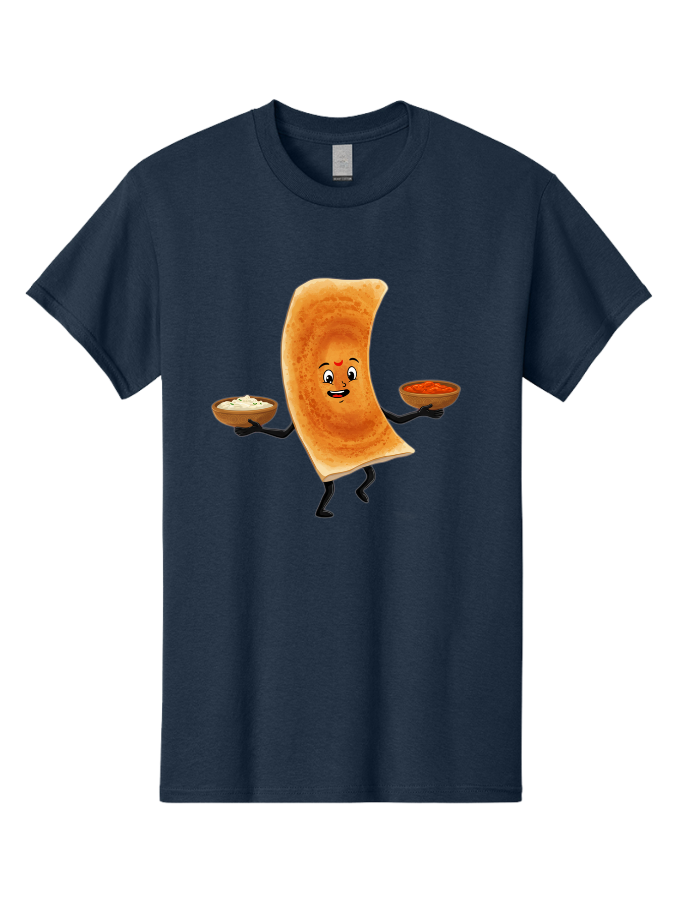 Dosa-Character Men'S Graphic Tee, 100% Cotton, Comfortable Casual Summer Wear, Machine Washable, Cartoon Chapati, Indian Flatbread, Smiling Face, Bowls Of Chutney And Raita, Black Arms And Legs, Happy Expression, Traditional Cuisine, Baa538